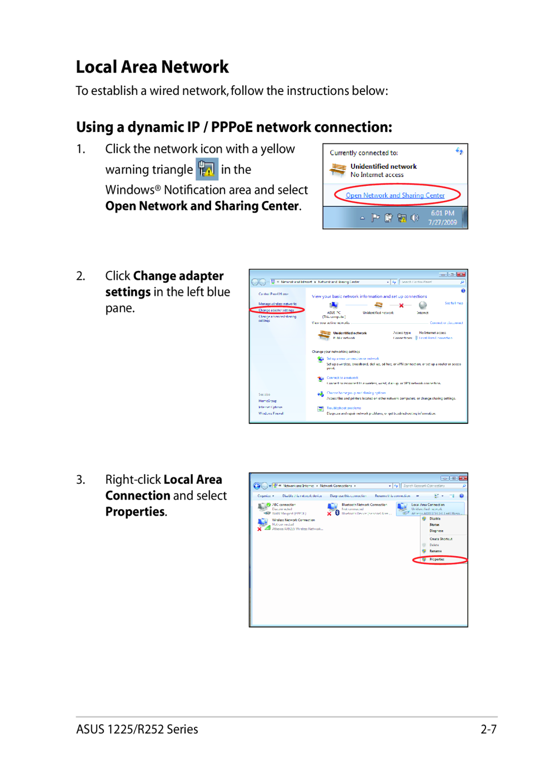 Asus 1225C-MU10-BK user manual Local Area Network, Using a dynamic IP / PPPoE network connection 