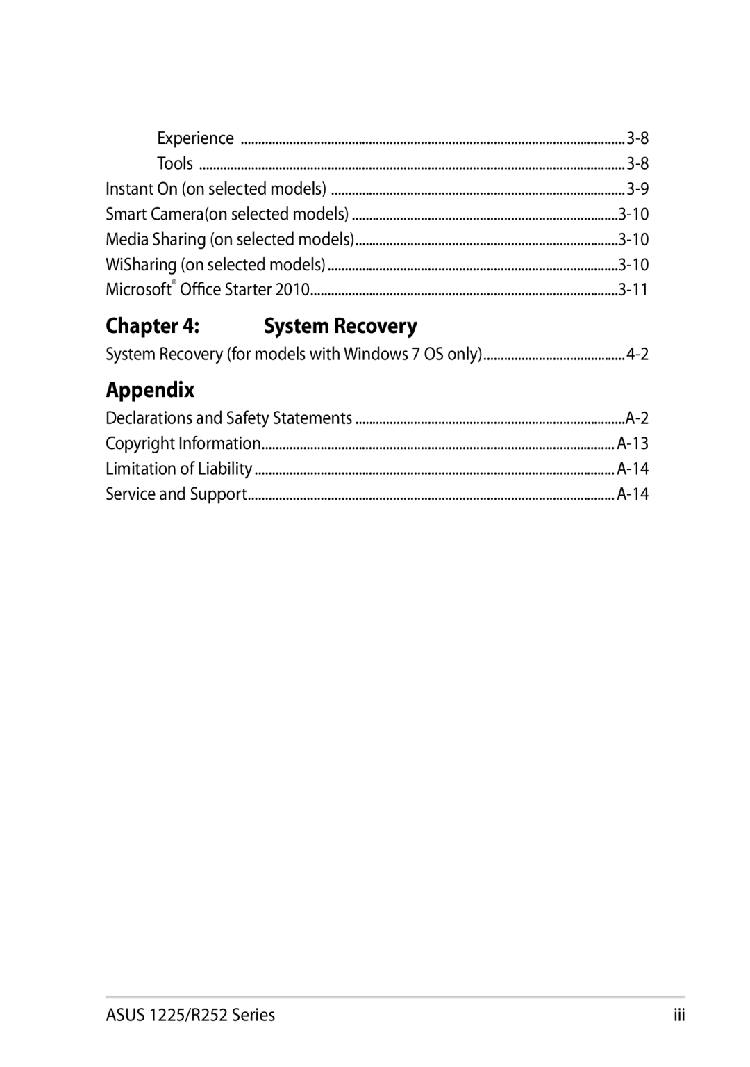 Asus 1225C-MU10-BK user manual Chapter System Recovery 