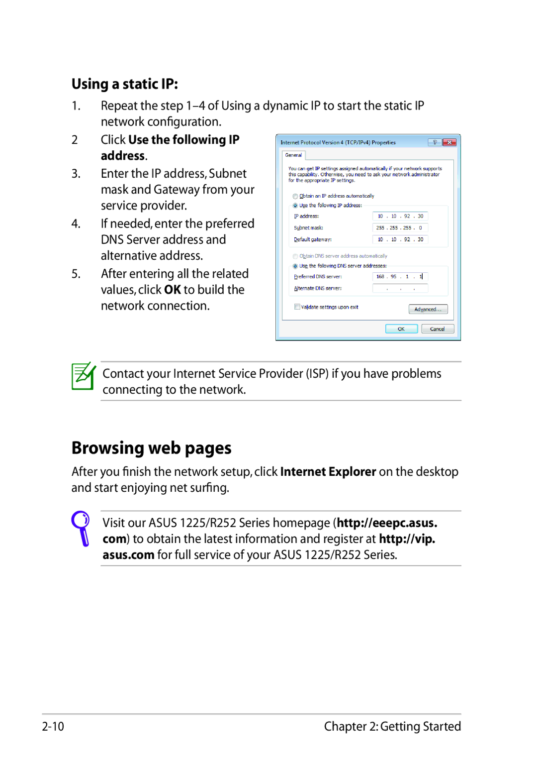 Asus 1225C-MU10-BK user manual Browsing web pages, Using a static IP, Click Use the following IP address 