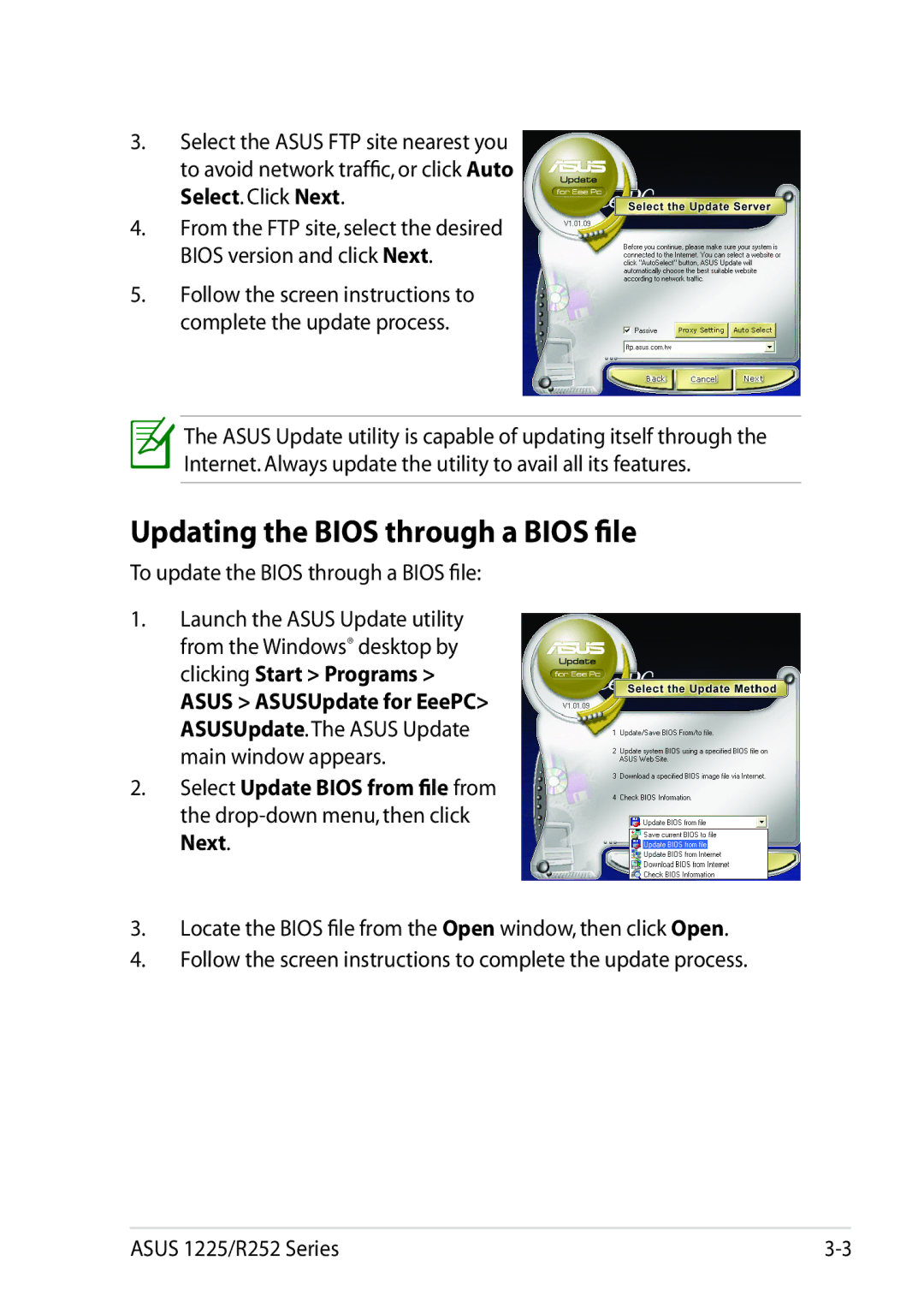 Asus 1225C-MU10-BK user manual Updating the Bios through a Bios file, To update the Bios through a Bios file 