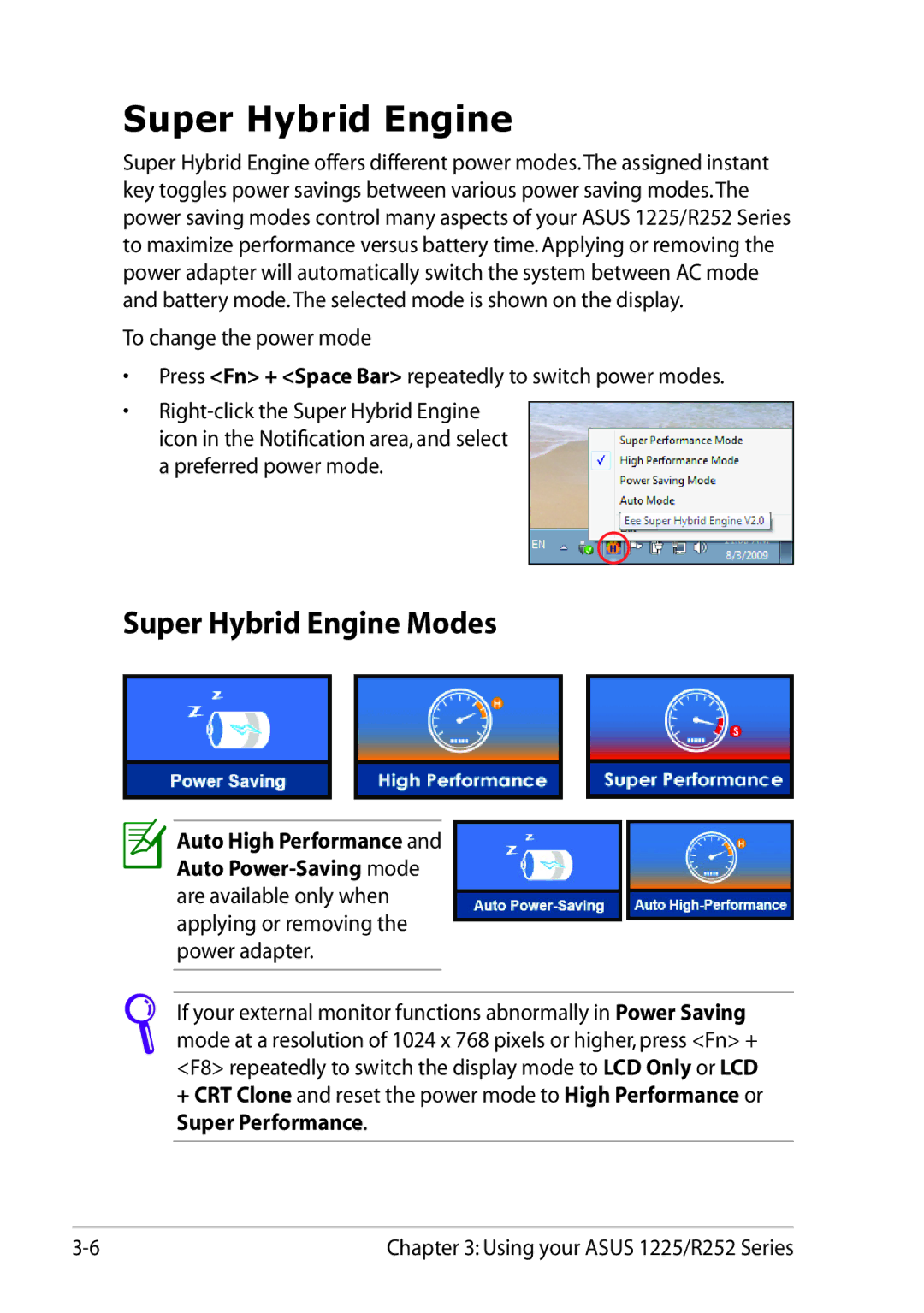 Asus 1225C-MU10-BK user manual Super Hybrid Engine Modes 