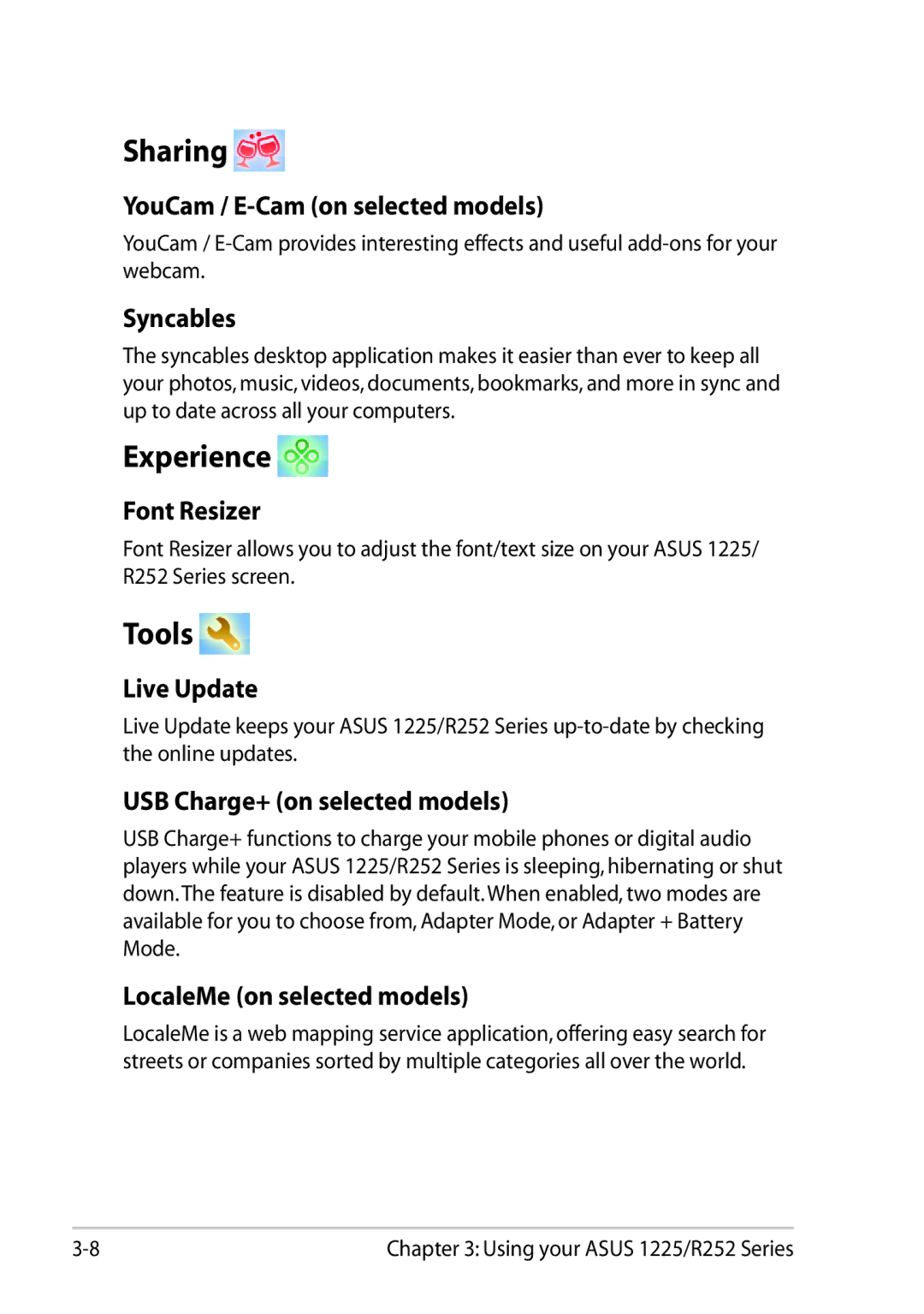 Asus 1225C-MU10-BK user manual Sharing, Experience, Tools 