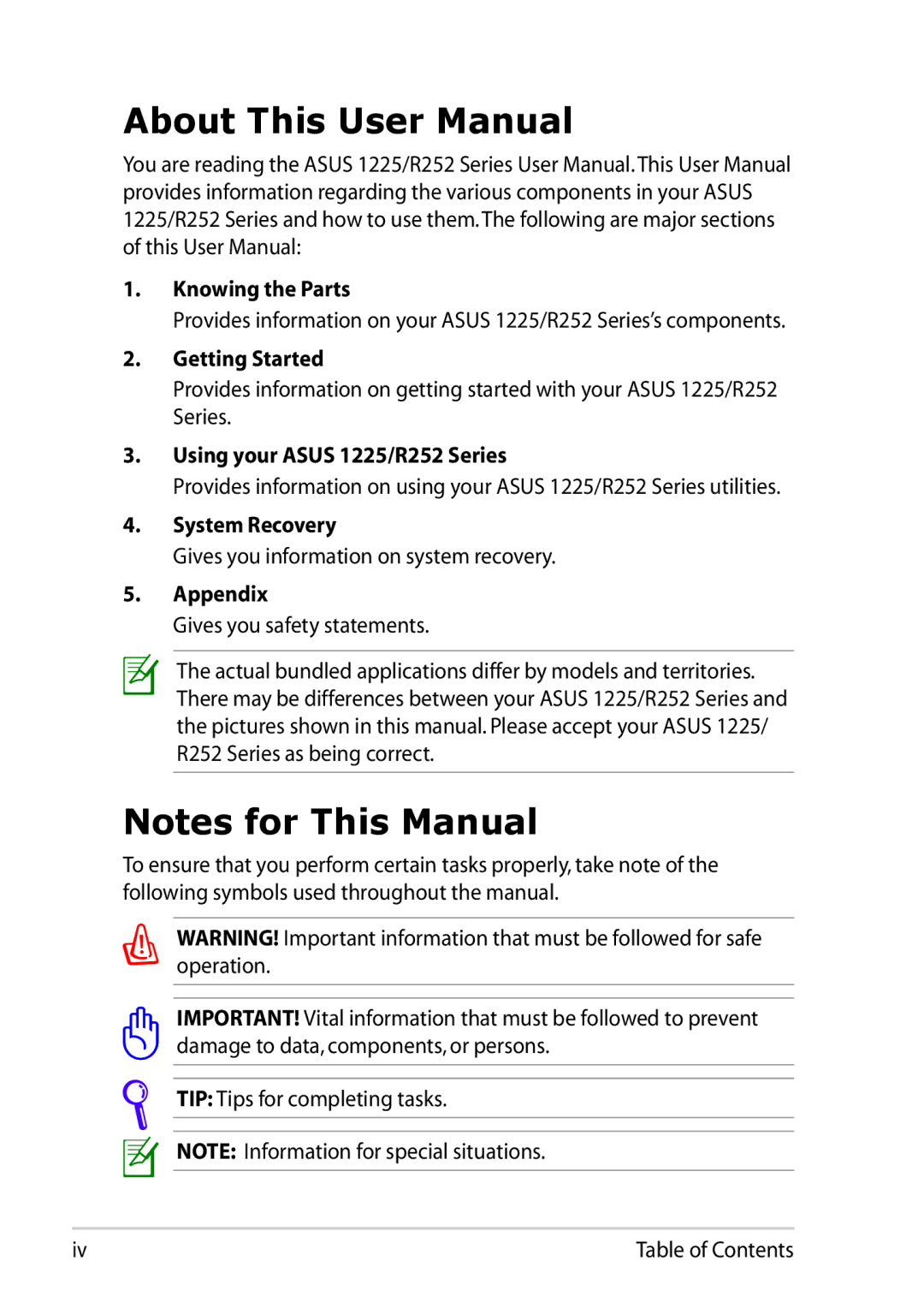 Asus 1225C-MU10-BK user manual Knowing the Parts, Getting Started, System Recovery, Appendix 