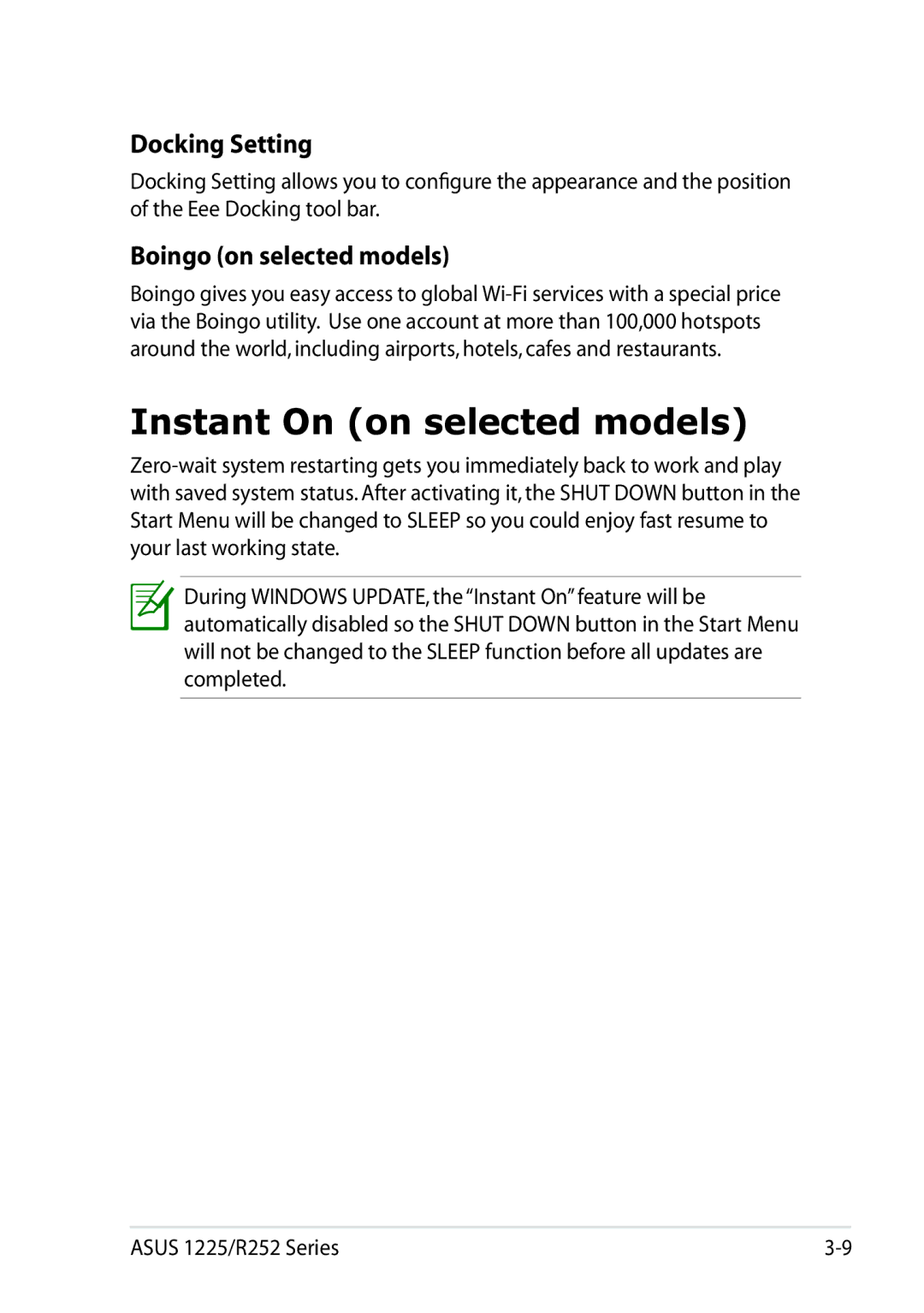 Asus 1225C-MU10-BK user manual Instant On on selected models, Docking Setting, Boingo on selected models 
