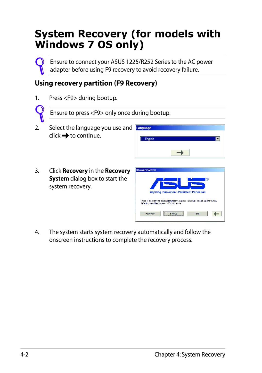 Asus 1225C-MU10-BK user manual System Recovery for models with Windows 7 OS only, Using recovery partition F9 Recovery 