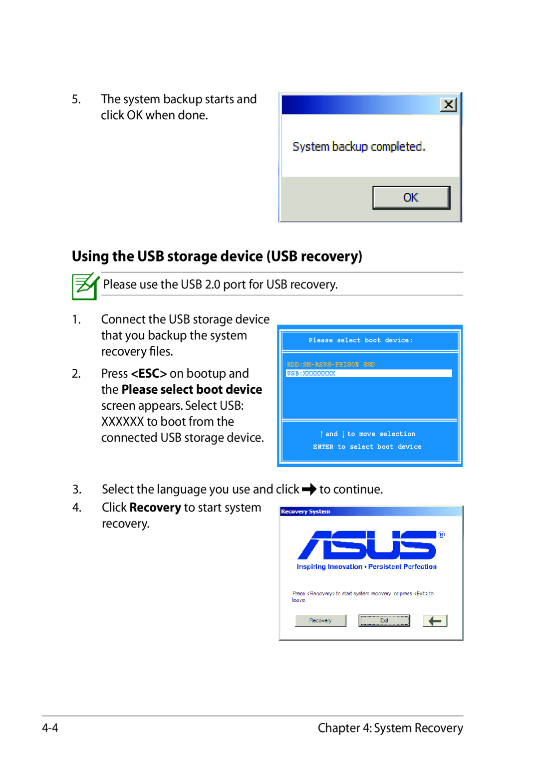 Asus 1225C-MU10-BK user manual Using the USB storage device USB recovery 