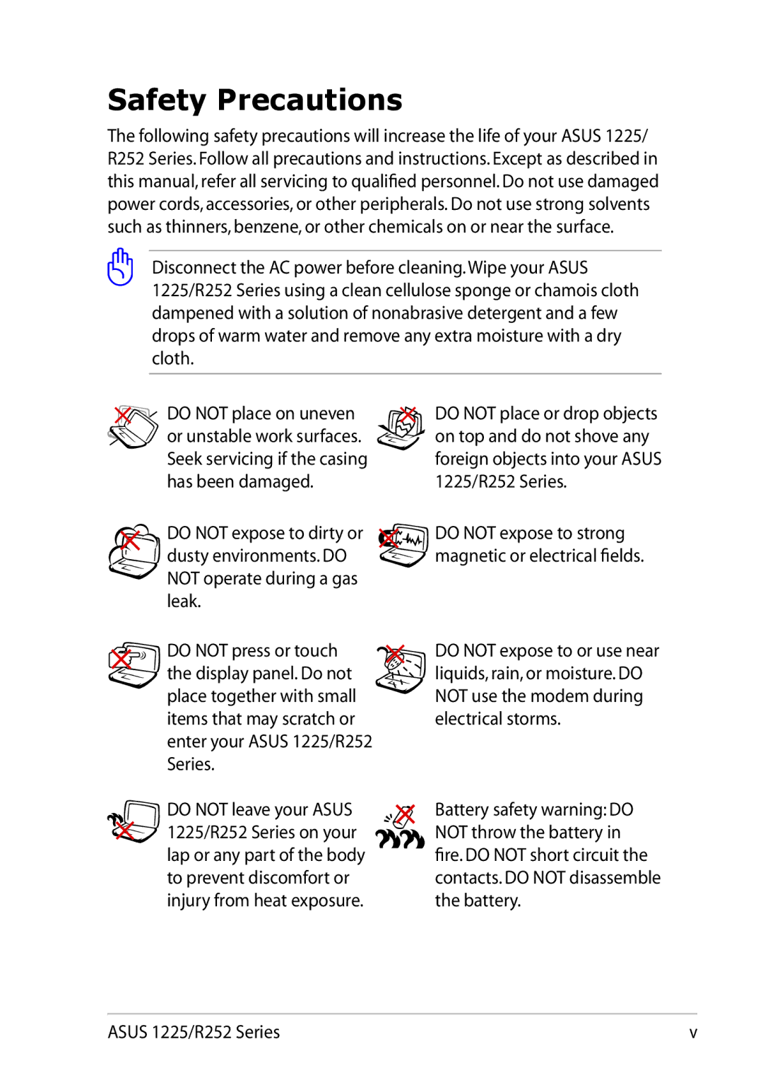 Asus 1225C-MU10-BK user manual Safety Precautions, Items that may scratch or enter your Asus 1225/R252 Series 