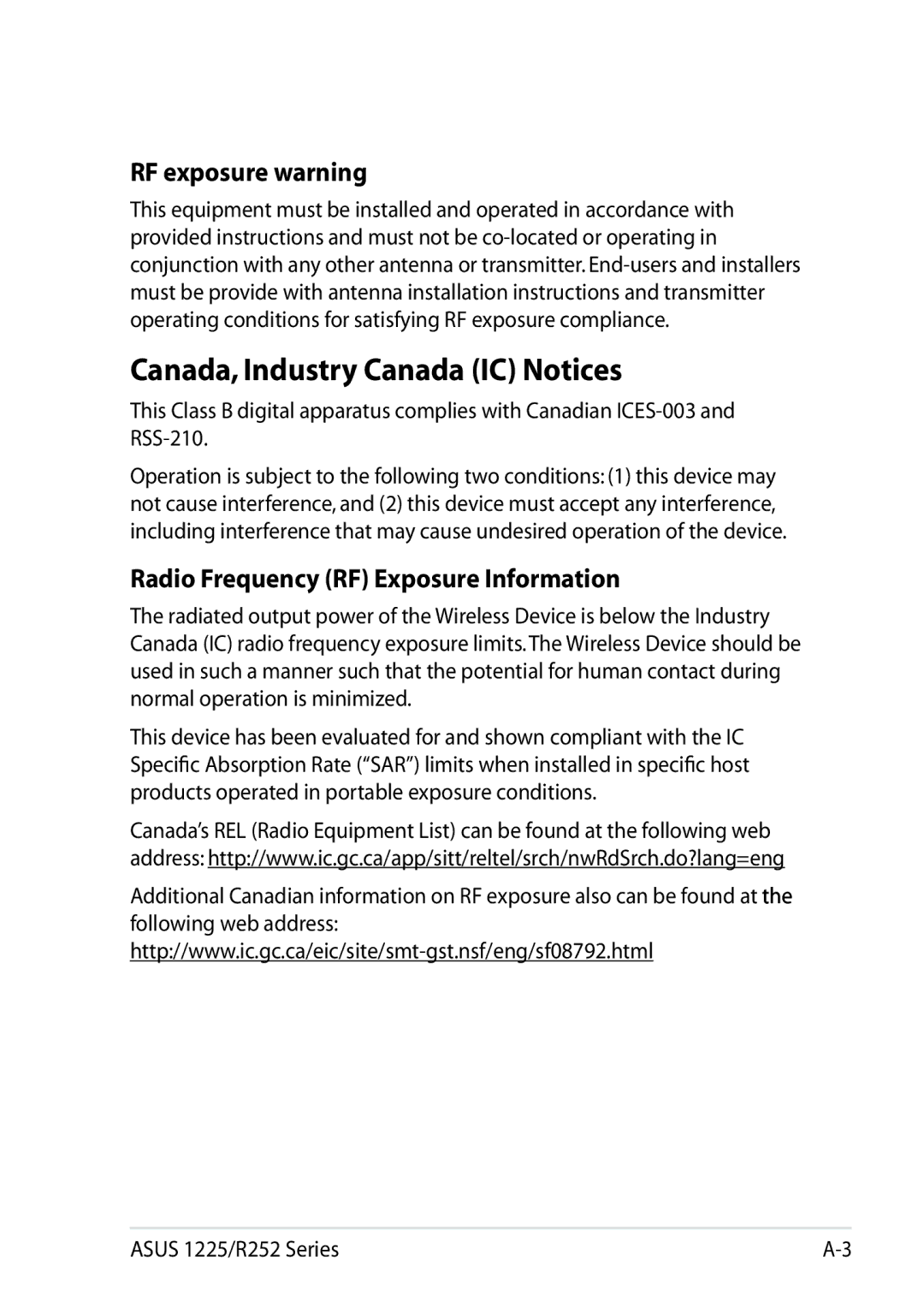 Asus 1225C-MU10-BK Canada, Industry Canada IC Notices, RF exposure warning, Radio Frequency RF Exposure Information 