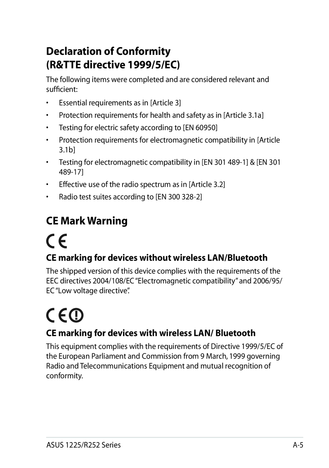 Asus 1225C-MU10-BK user manual CE Mark Warning, CE marking for devices without wireless LAN/Bluetooth 