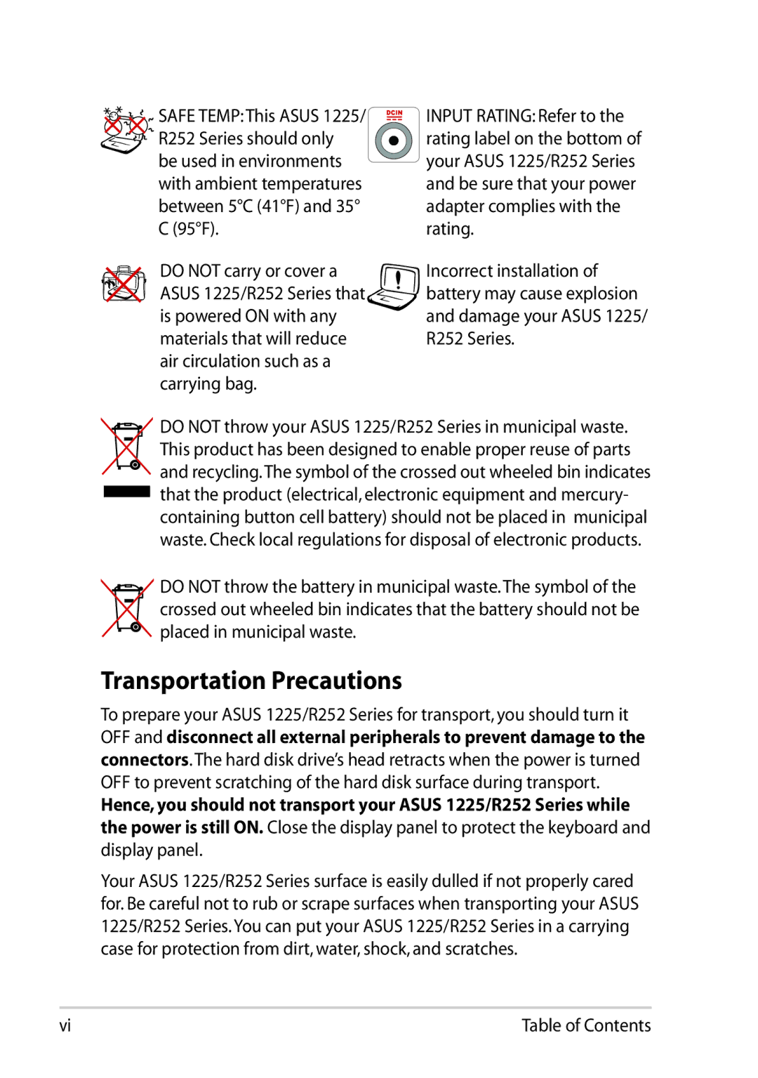 Asus 1225C-MU10-BK user manual Transportation Precautions 