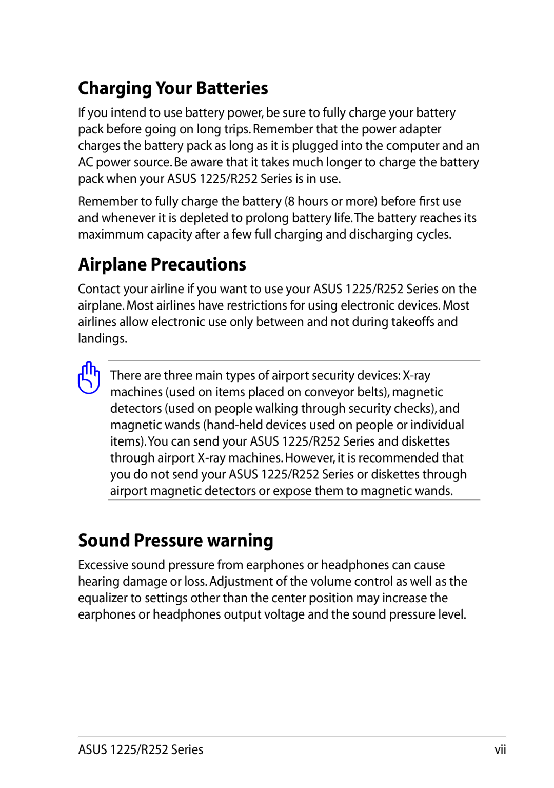 Asus 1225C-MU10-BK user manual Charging Your Batteries, Airplane Precautions, Sound Pressure warning 