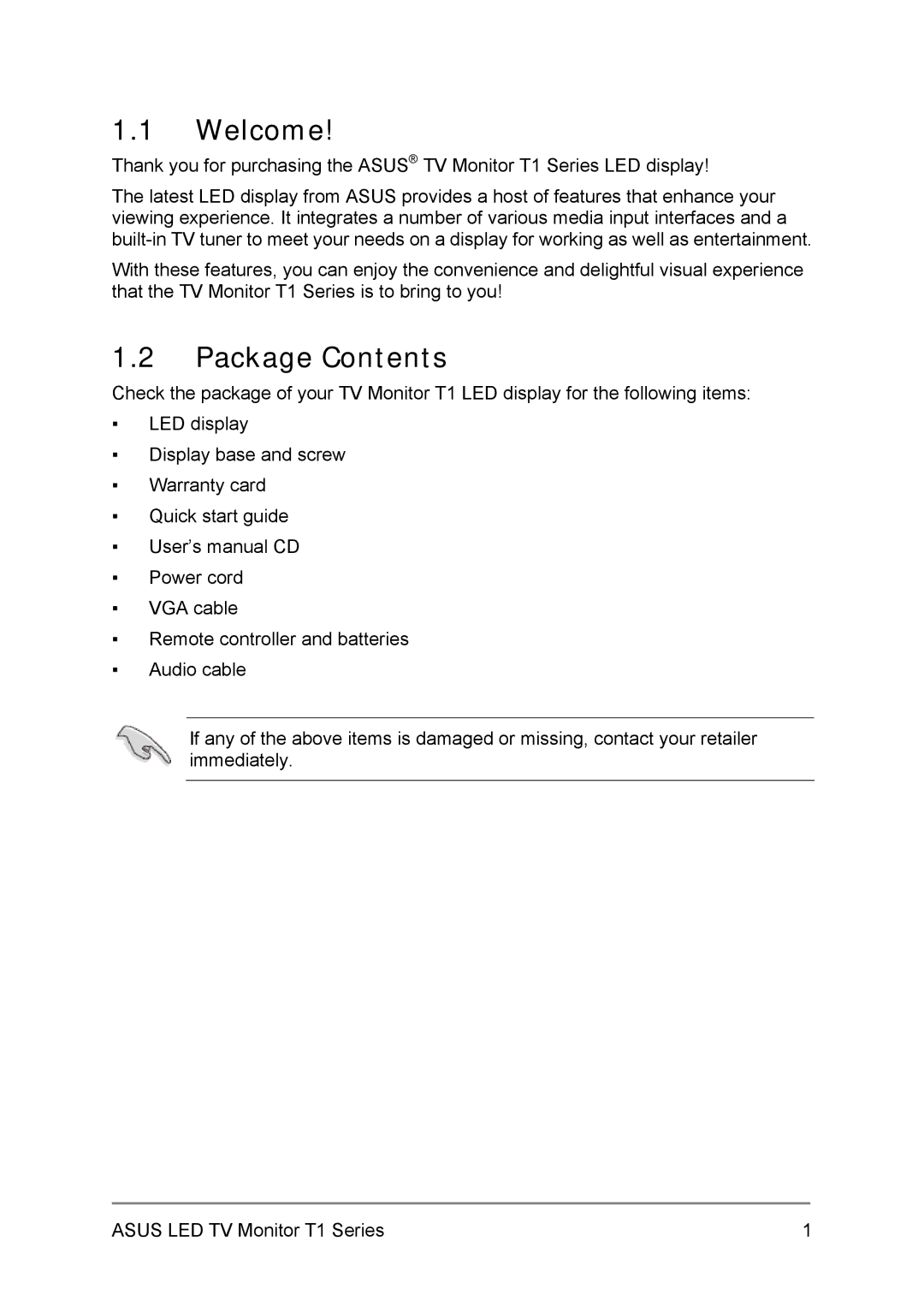 Asus 27T1EH, 24T1EH user manual Welcome, Package Contents 