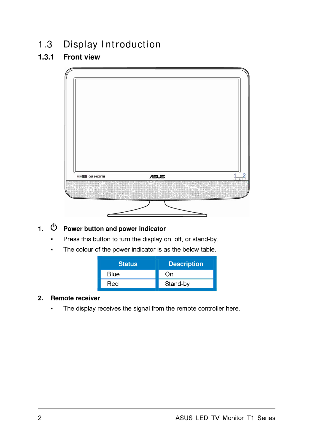 Asus 24T1EH, 27T1EH user manual Display Introduction, Front view, Power button and power indicator, Remote receiver 