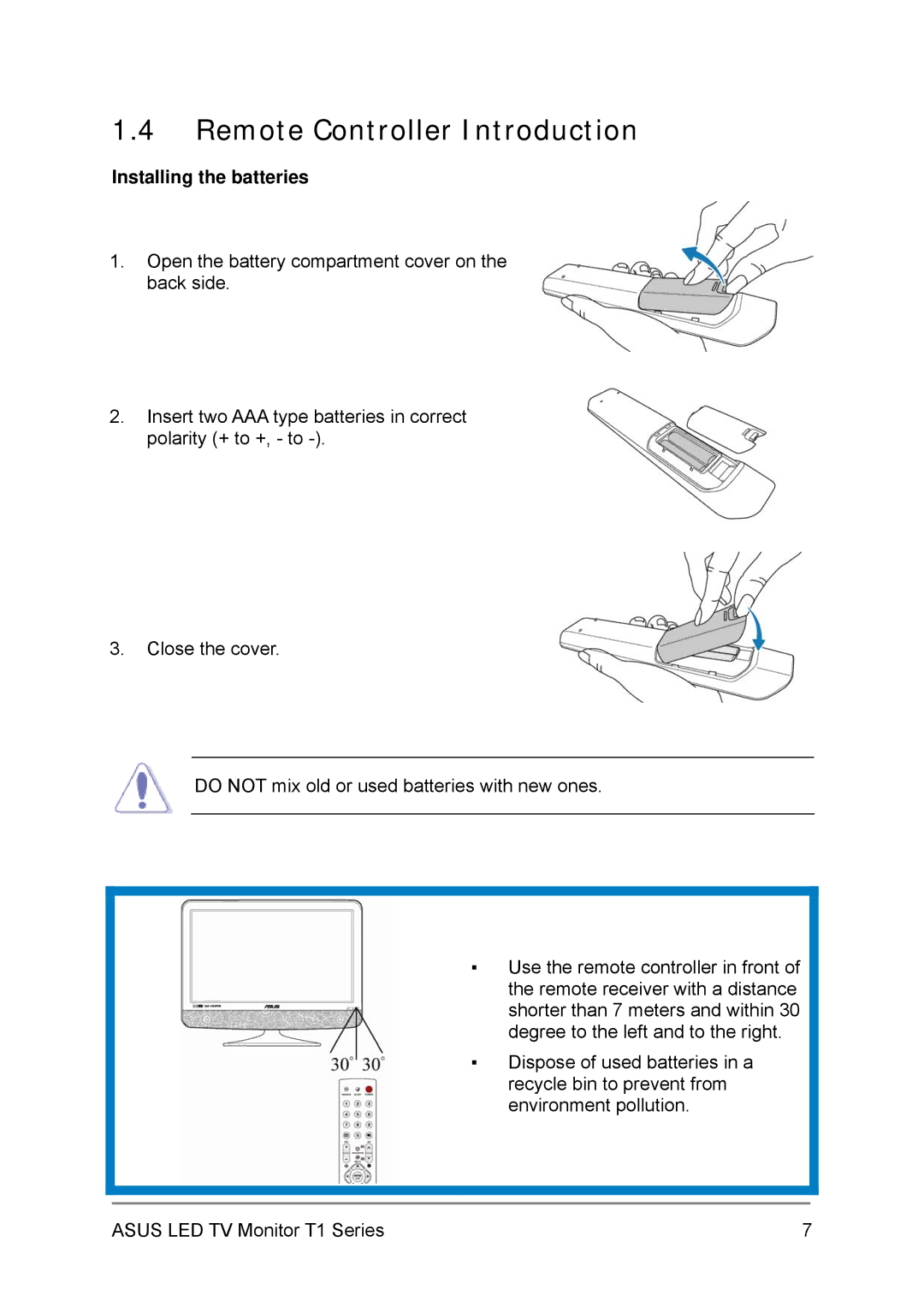 Asus 27T1EH, 24T1EH user manual Remote Controller Introduction, Installing the batteries 