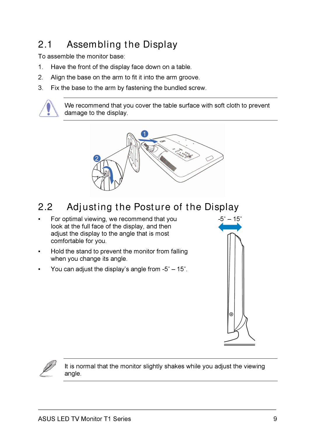 Asus 27T1EH, 24T1EH user manual Assembling the Display, Adjusting the Posture of the Display 