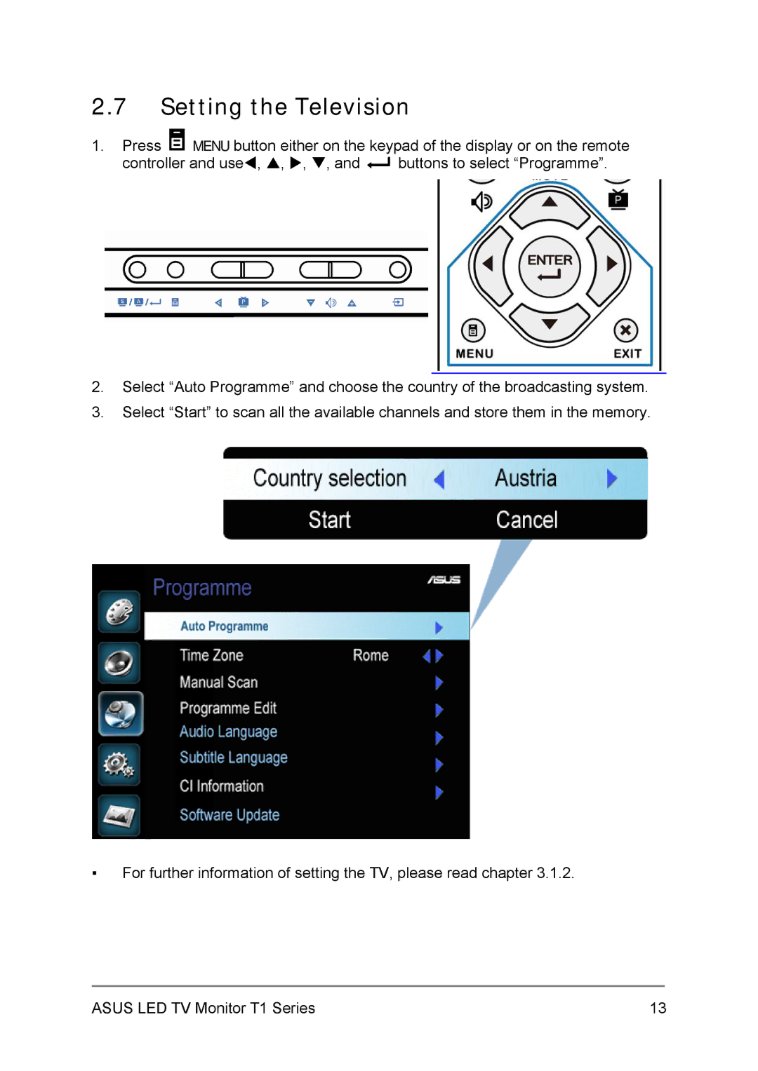 Asus 27T1EH, 24T1EH user manual Setting the Television 