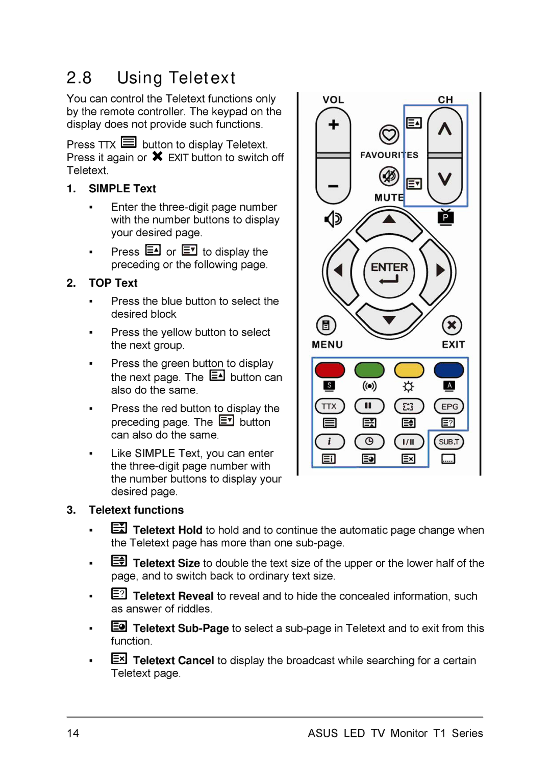 Asus 24T1EH, 27T1EH user manual Using Teletext, Simple Text, TOP Text, Teletext functions 