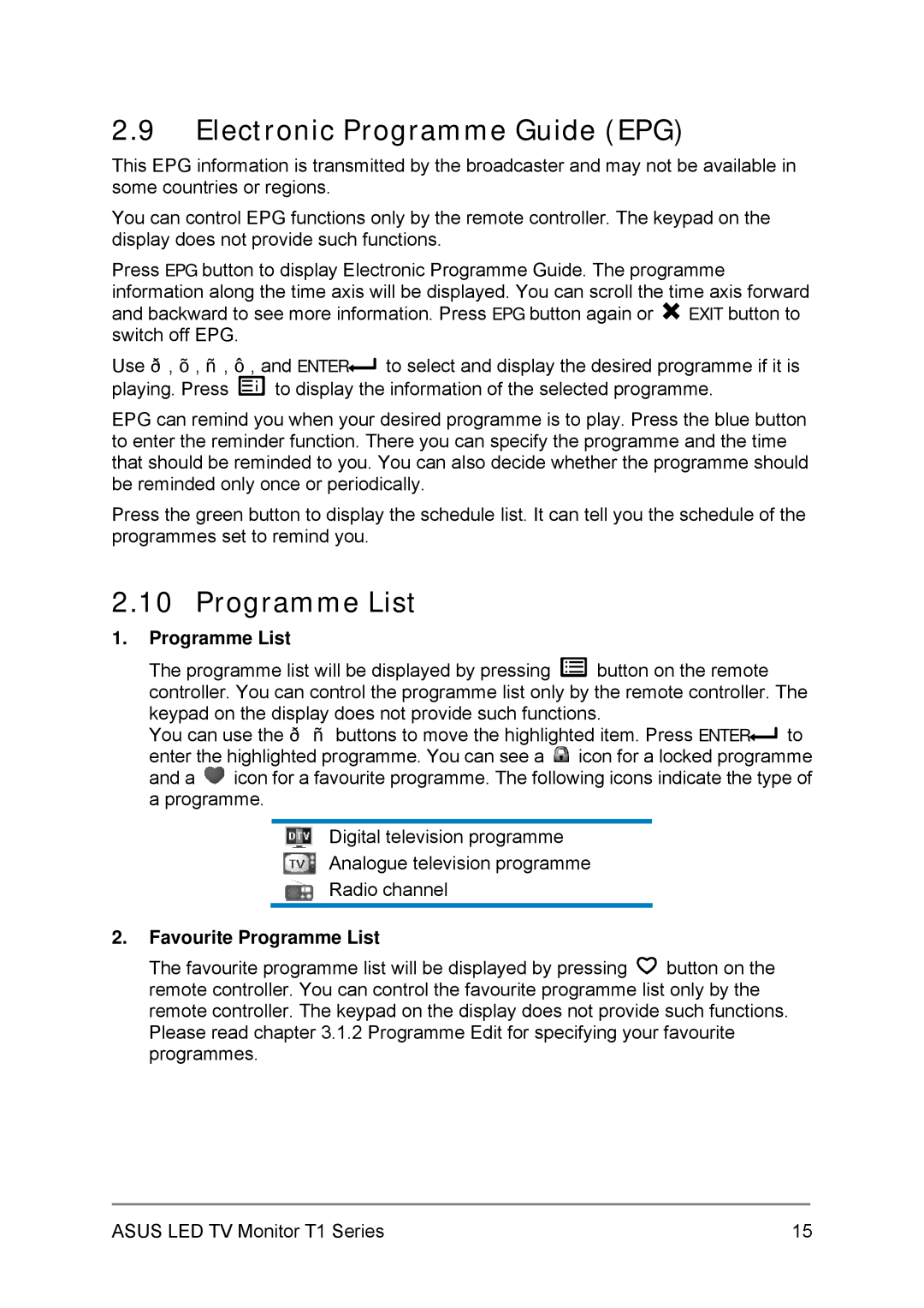 Asus 27T1EH, 24T1EH user manual Electronic Programme Guide EPG, Favourite Programme List 