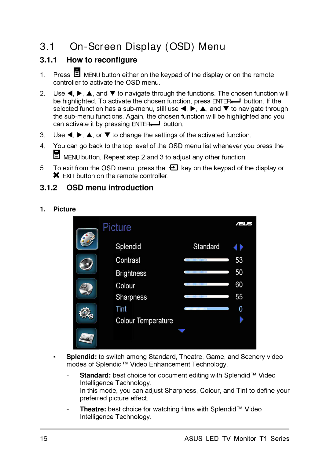 Asus 24T1EH, 27T1EH user manual On-Screen Display OSD Menu, How to reconfigure, OSD menu introduction, Picture 