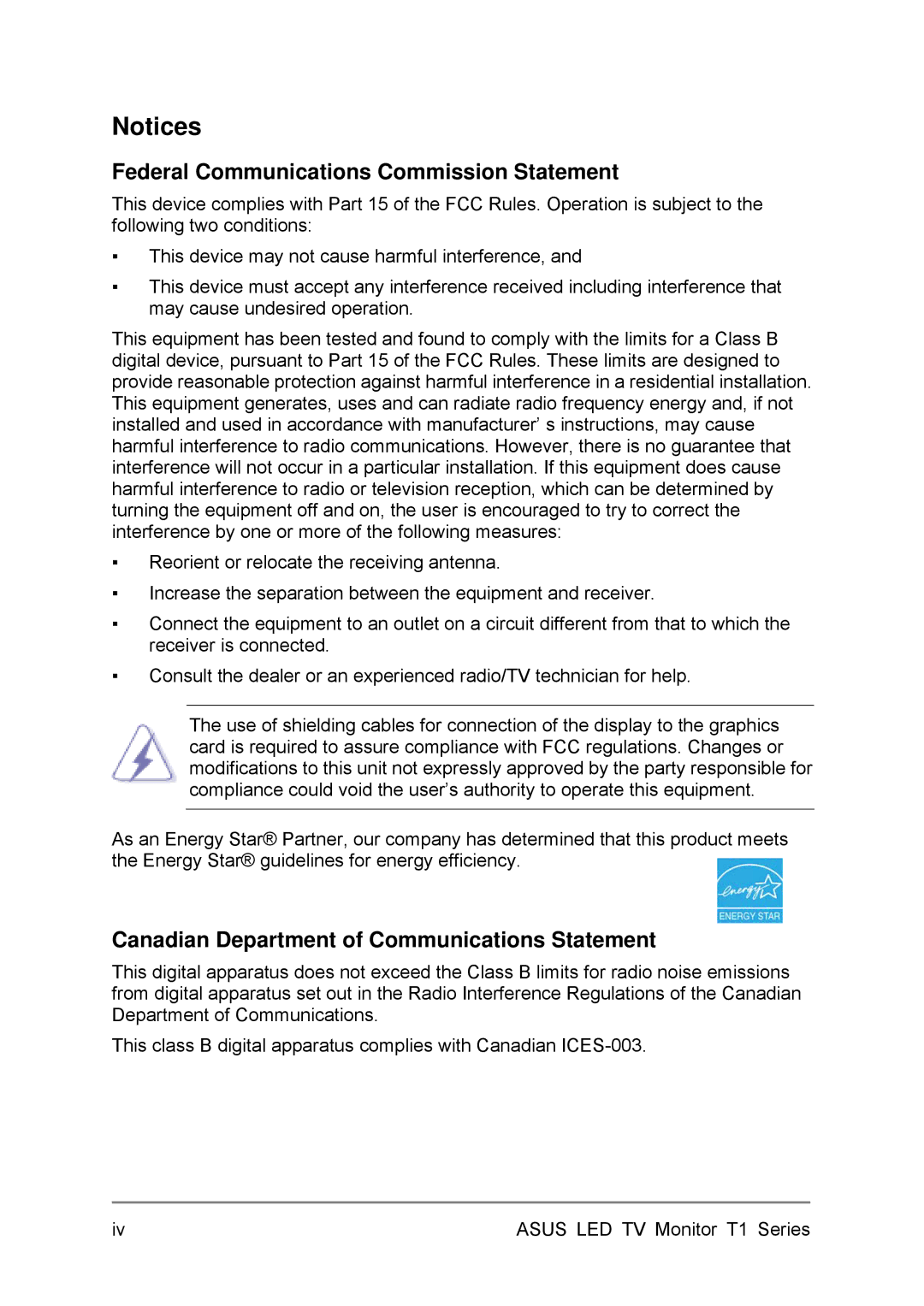 Asus 24T1EH, 27T1EH user manual Federal Communications Commission Statement, Canadian Department of Communications Statement 