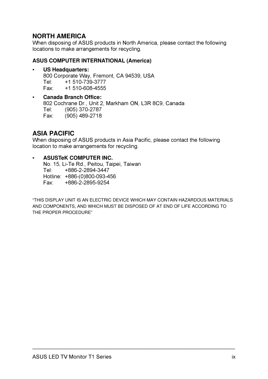 Asus 27T1EH, 24T1EH Asus Computer International America US Headquarters, Canada Branch Office, ASUSTeK Computer INC 