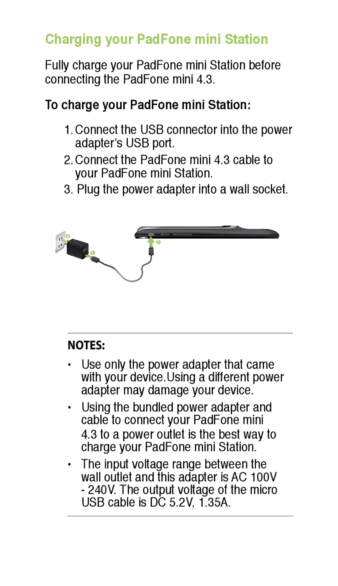 Asus 4.3 quick start Charging your PadFone mini Station 