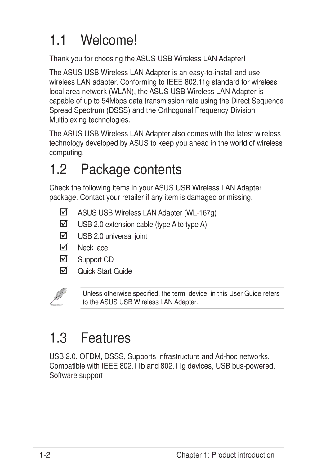 Asus 54Mbps manual Welcome, Package contents, Features 