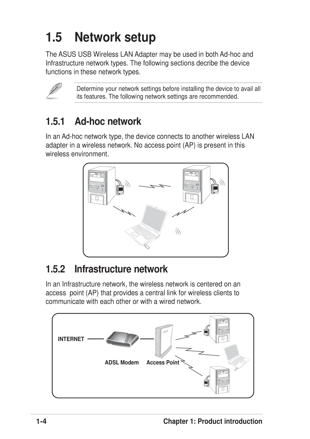 Asus 54Mbps manual Network setup, Ad-hoc network, Infrastructure network 