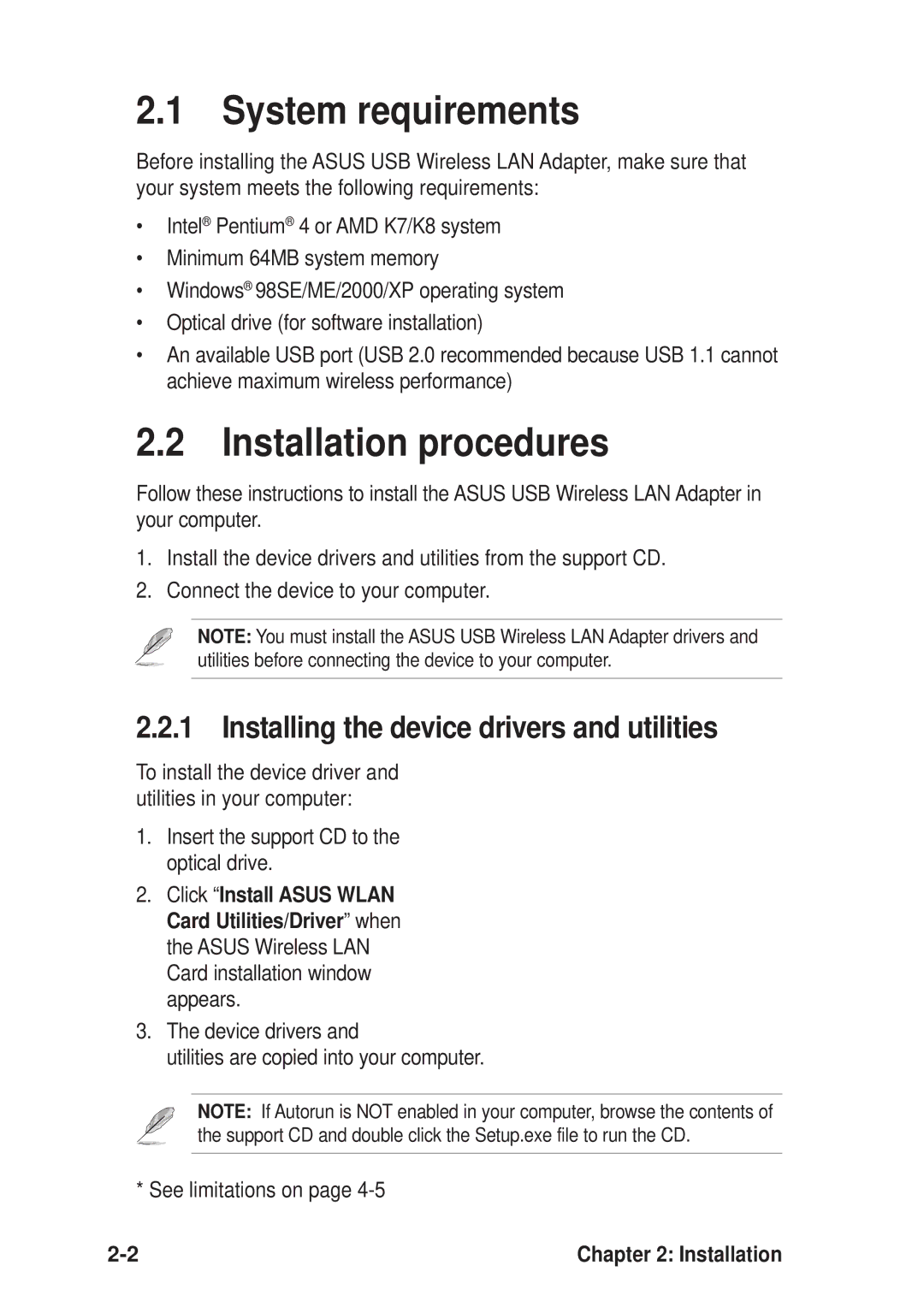 Asus 54Mbps manual System requirements, Installation procedures, Installing the device drivers and utilities 