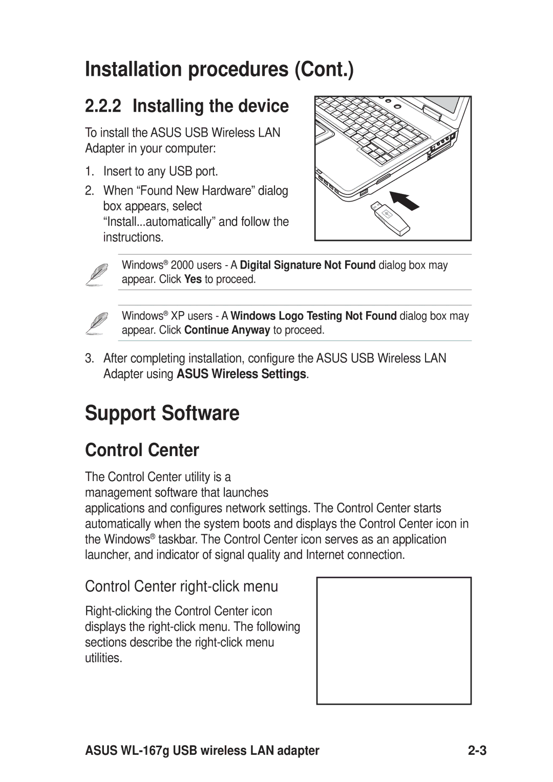 Asus 54Mbps manual Installing the device, Control Center 