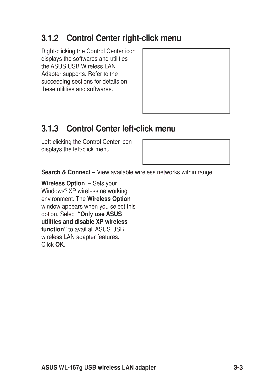 Asus 54Mbps manual Control Center right-click menu, Control Center left-click menu, Click OK 