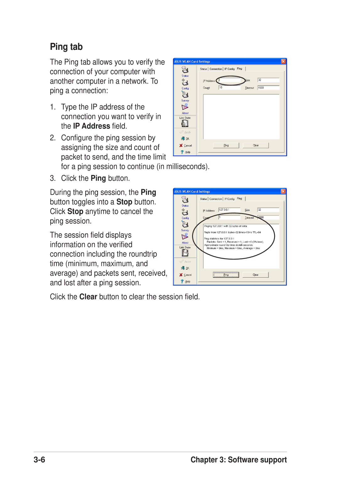 Asus 54Mbps manual Ping tab, Click the Clear button to clear the session field 