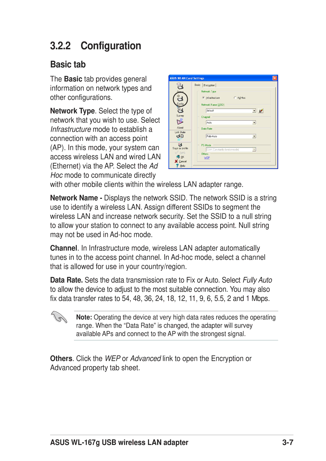 Asus 54Mbps manual Configuration, Basic tab 