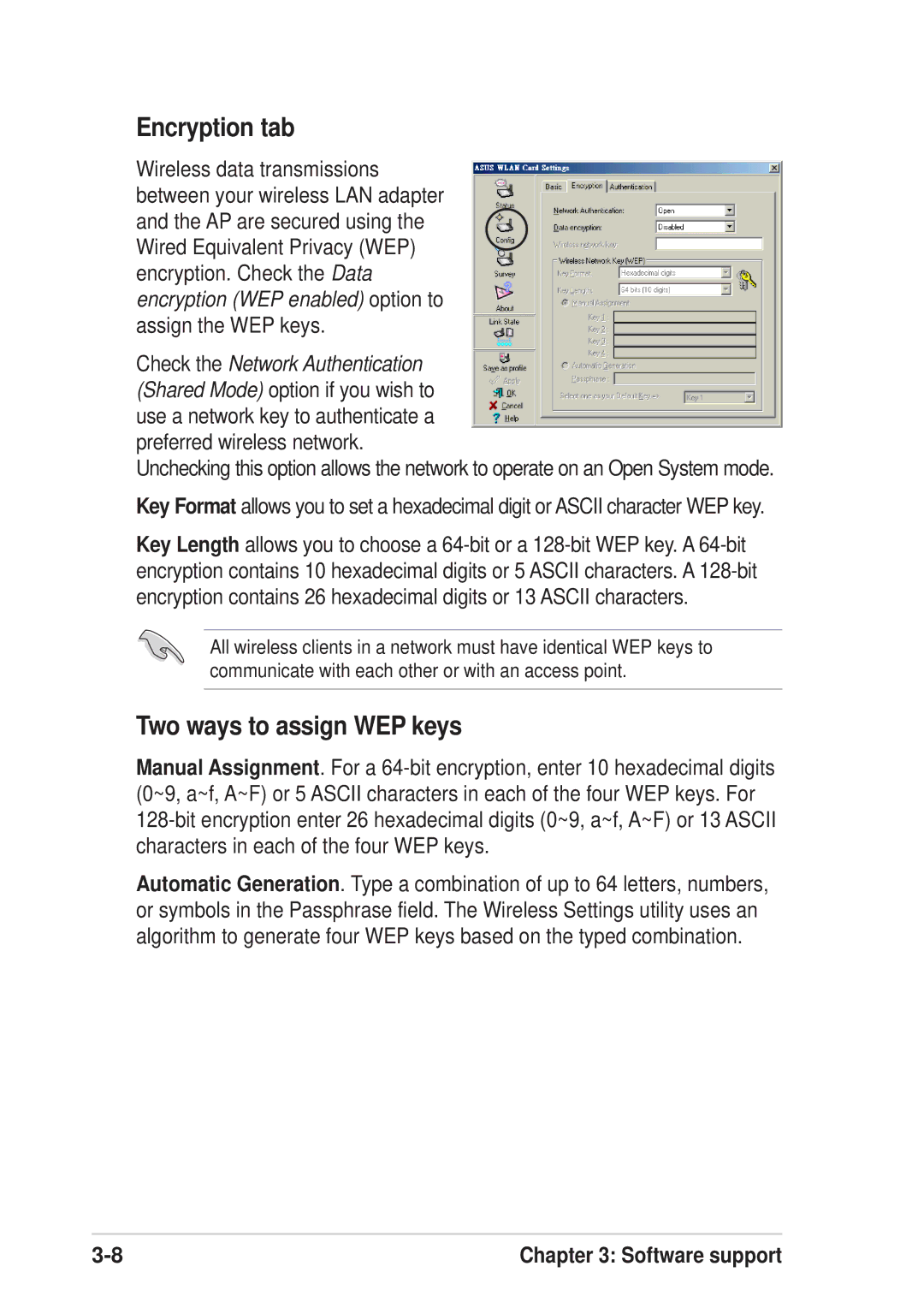 Asus 54Mbps manual Encryption tab, Two ways to assign WEP keys 