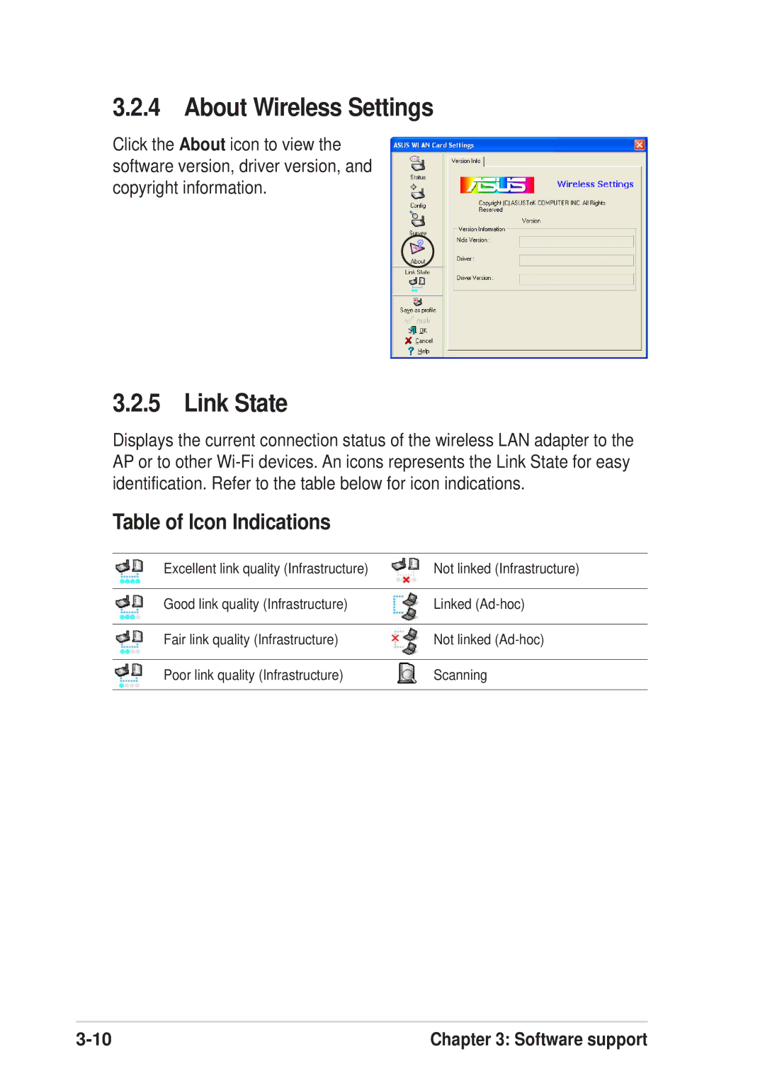 Asus 54Mbps manual About Wireless Settings, Link State, Table of Icon Indications 