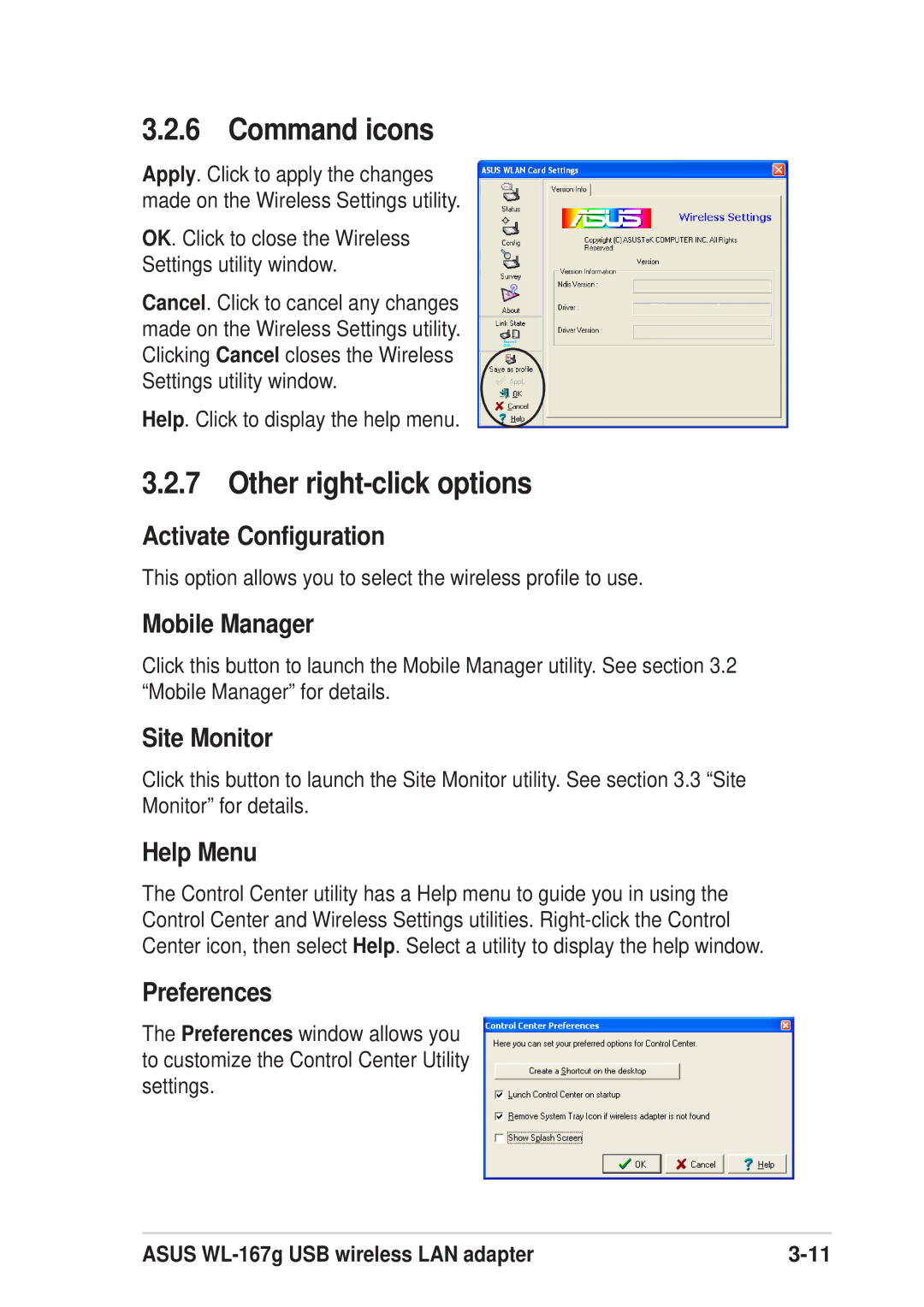 Asus 54Mbps manual Command icons, Other right-click options 