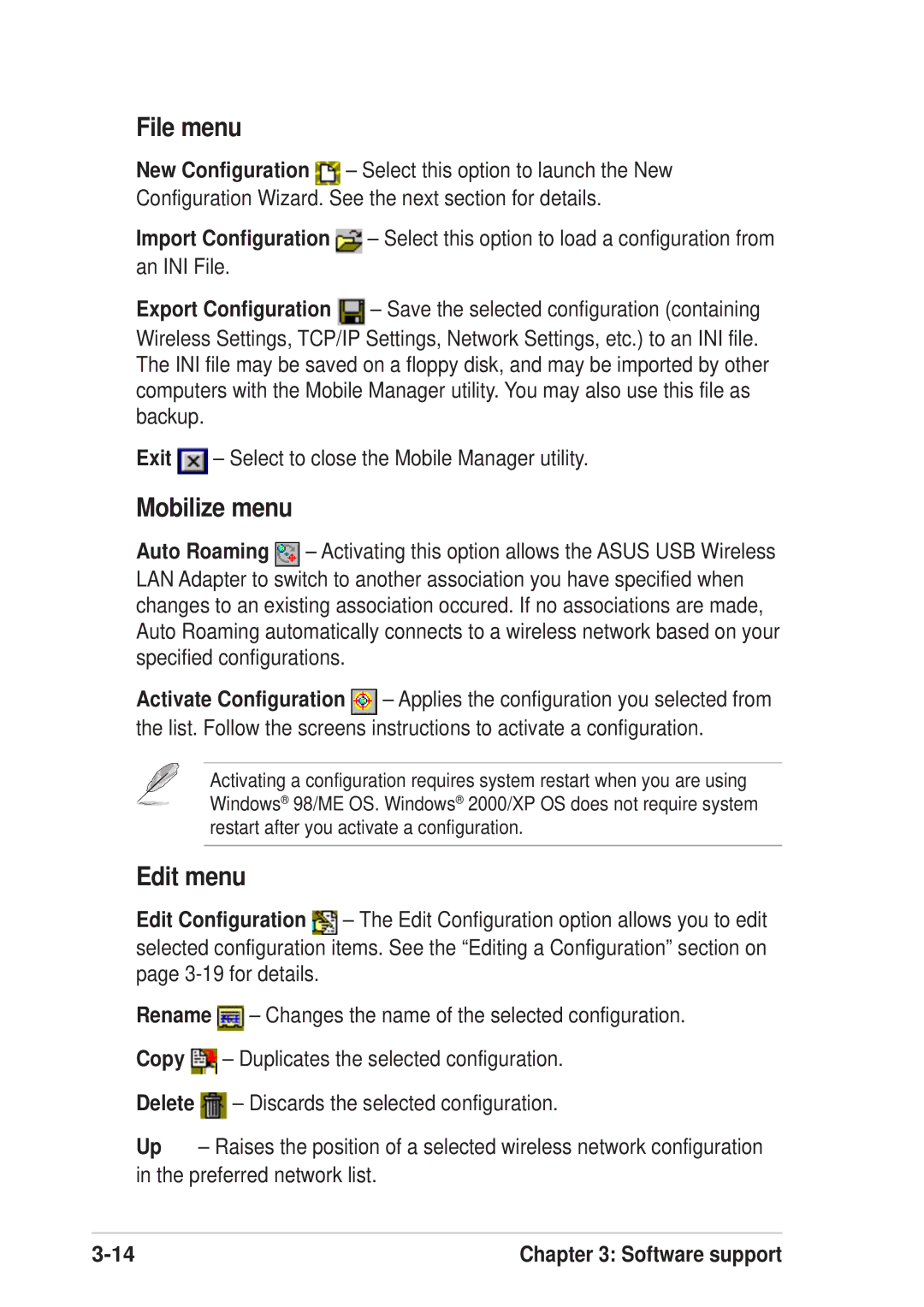 Asus 54Mbps manual File menu, Mobilize menu, Edit menu 