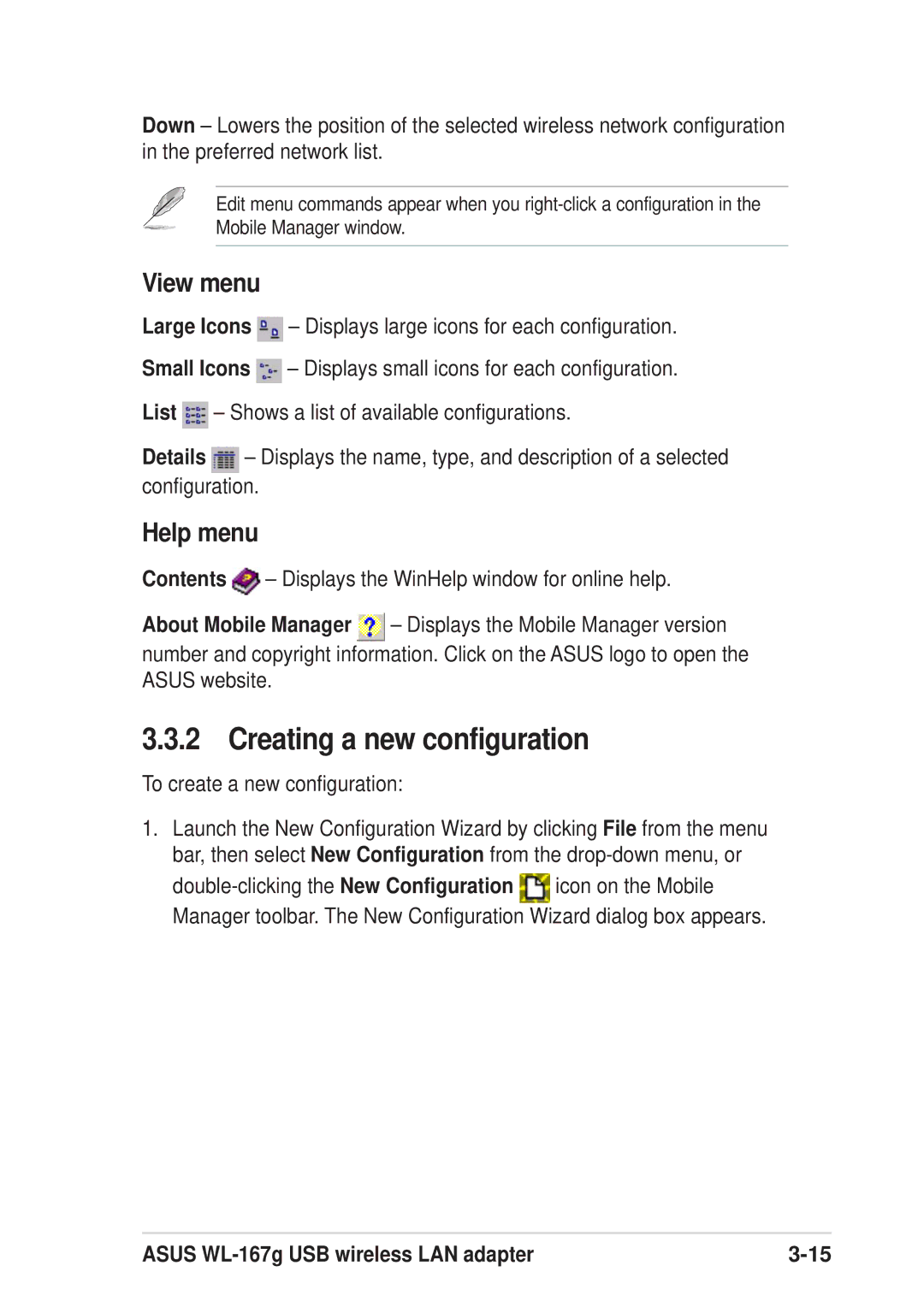 Asus 54Mbps manual Creating a new configuration, View menu, To create a new configuration 