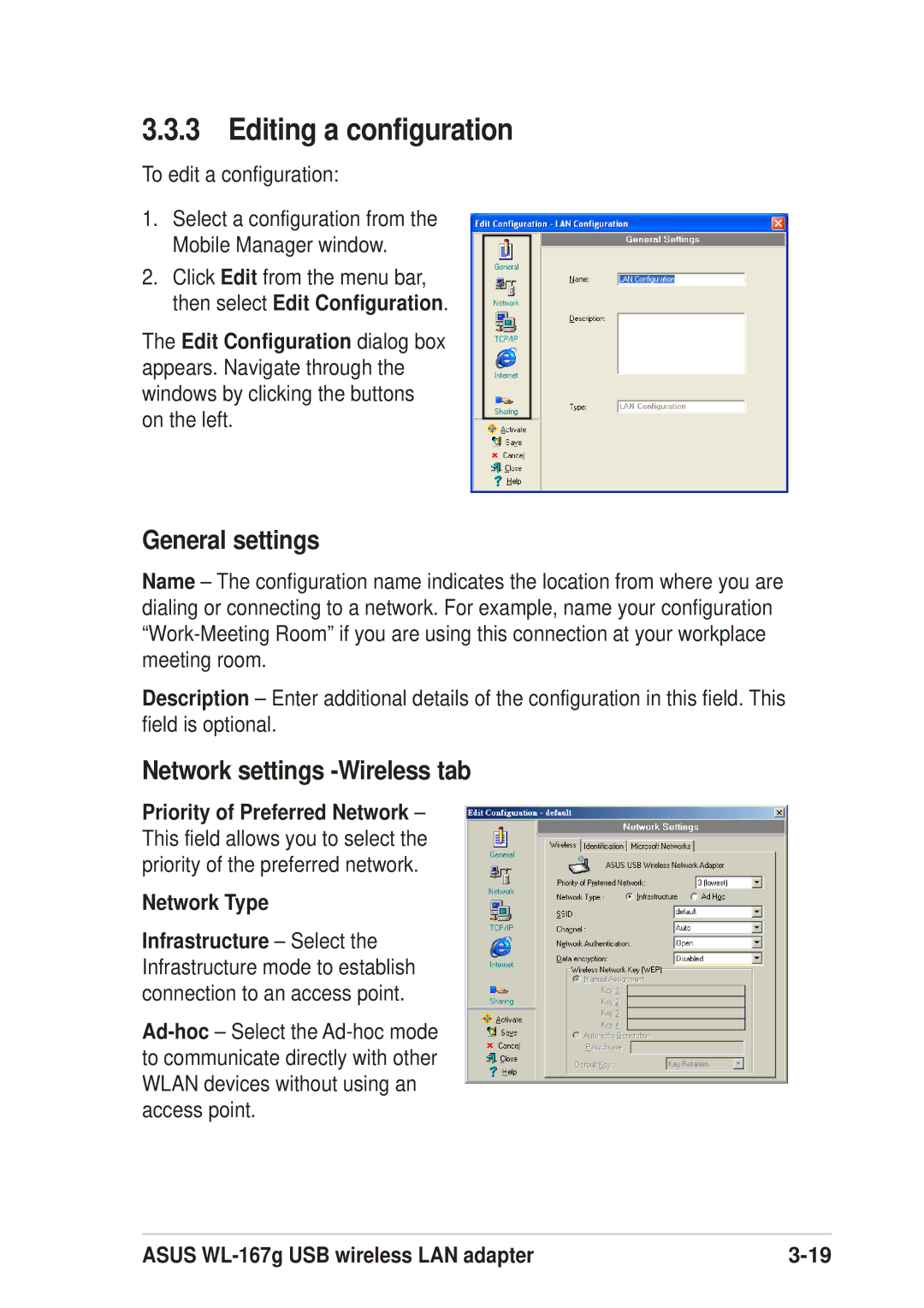 Asus 54Mbps manual Editing a configuration, General settings, Network settings -Wireless tab, To edit a configuration 