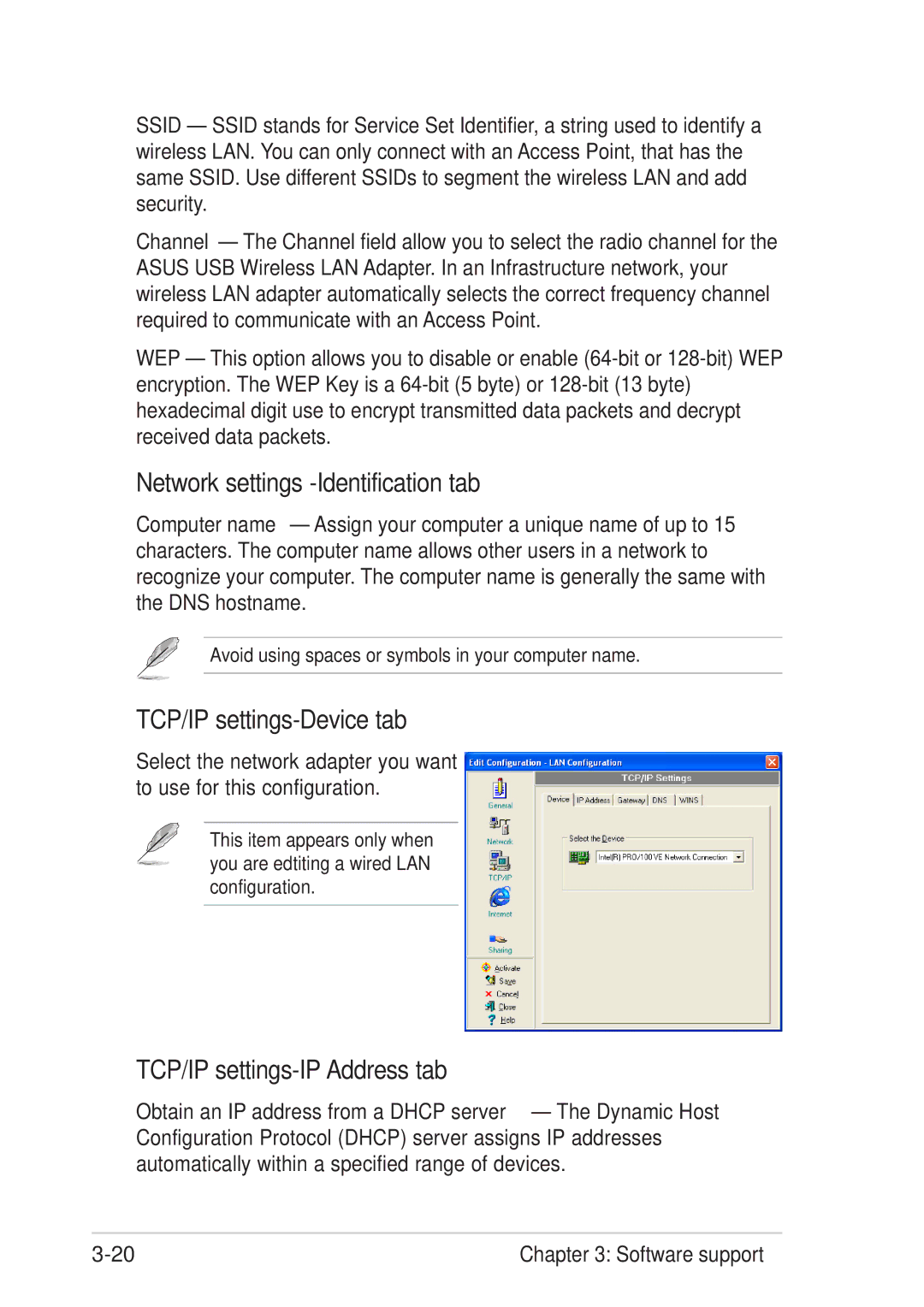 Asus 54Mbps manual Network settings -Identification tab, TCP/IP settings-Device tab, TCP/IP settings-IP Address tab 