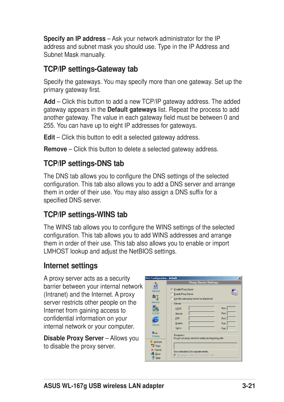 Asus 54Mbps manual TCP/IP settings-Gateway tab, TCP/IP settings-DNS tab, TCP/IP settings-WINS tab, Internet settings 