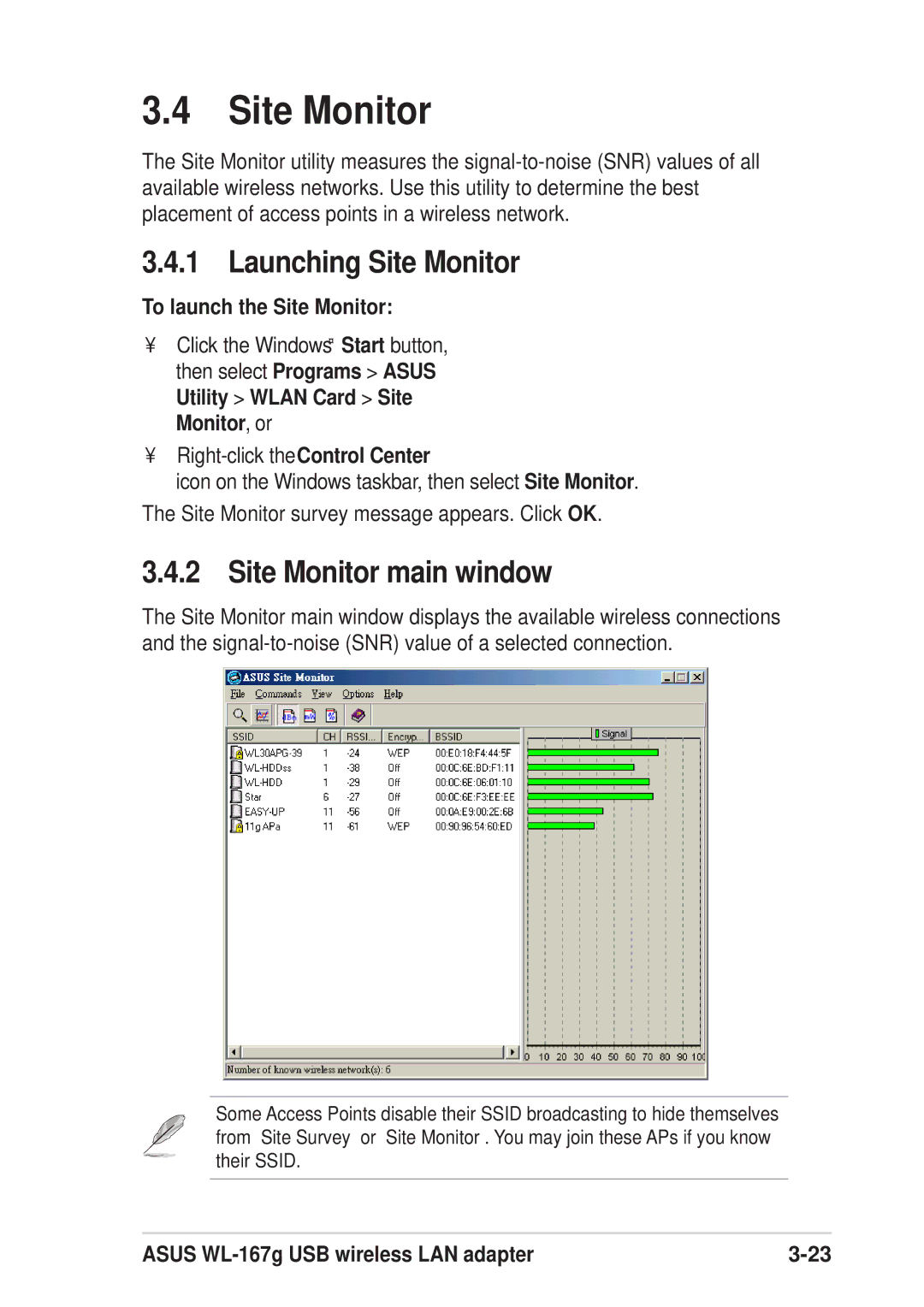 Asus 54Mbps manual Launching Site Monitor, Site Monitor main window, To launch the Site Monitor 