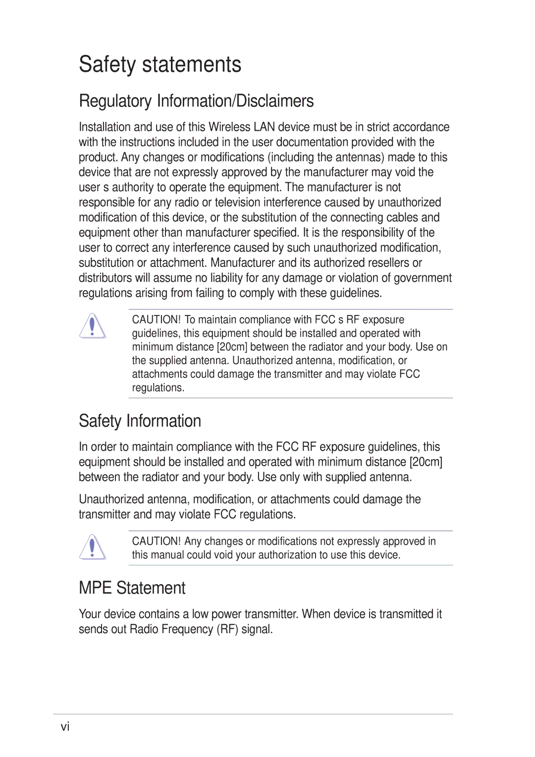 Asus 54Mbps manual Safety statements, Regulatory Information/Disclaimers, Safety Information, MPE Statement 