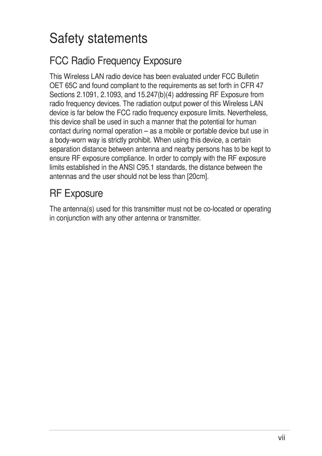 Asus 54Mbps manual FCC Radio Frequency Exposure, RF Exposure, Vii 