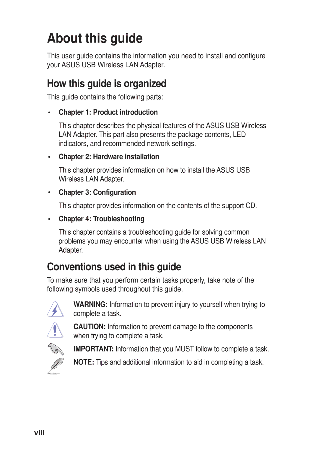 Asus 54Mbps manual About this guide, How this guide is organized, Conventions used in this guide 