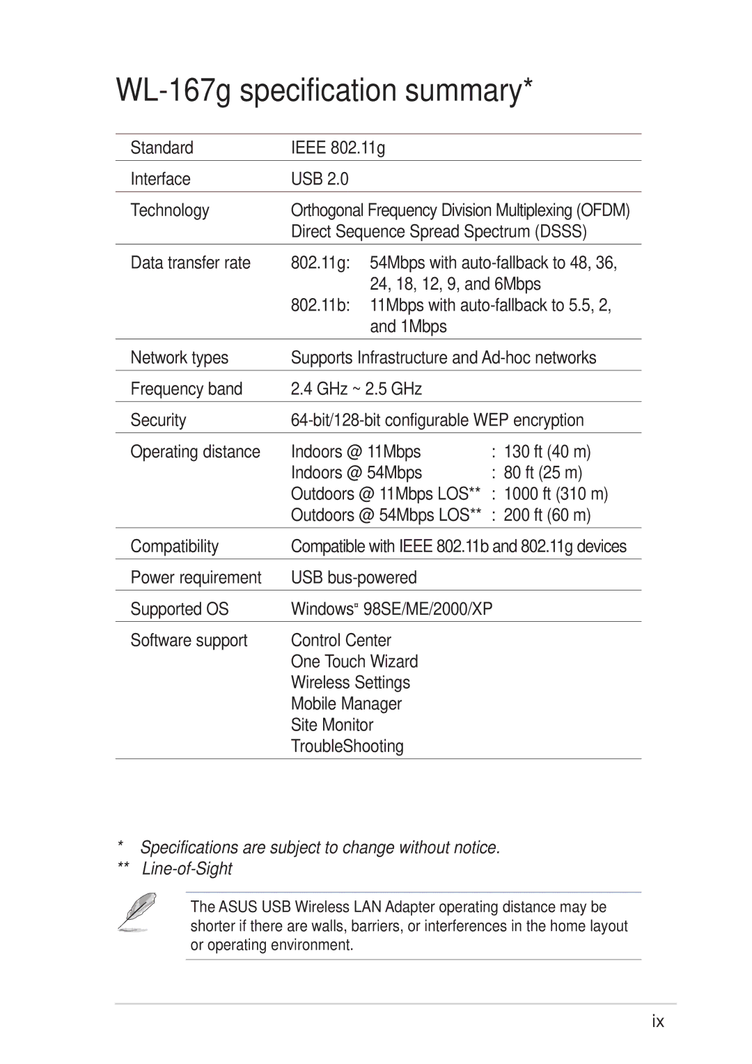 Asus 54Mbps manual WL-167g specification summary 