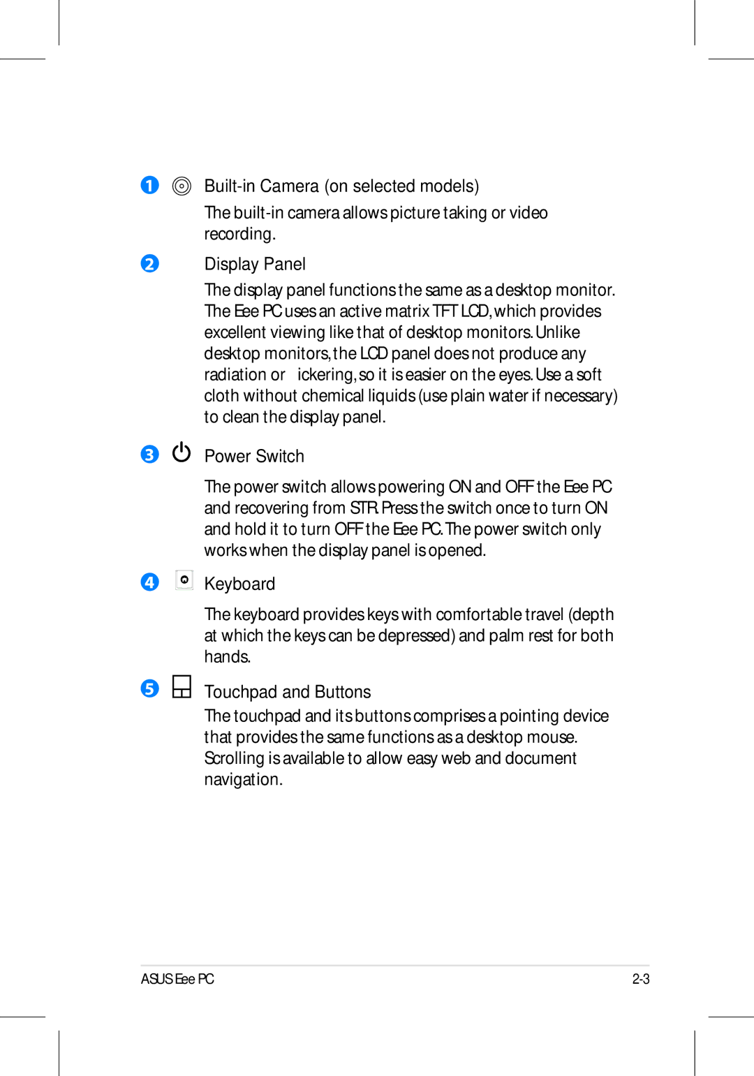 Asus 701SD manual Built-in Camera on selected models, Display Panel, Power Switch, Keyboard, Touchpad and Buttons 