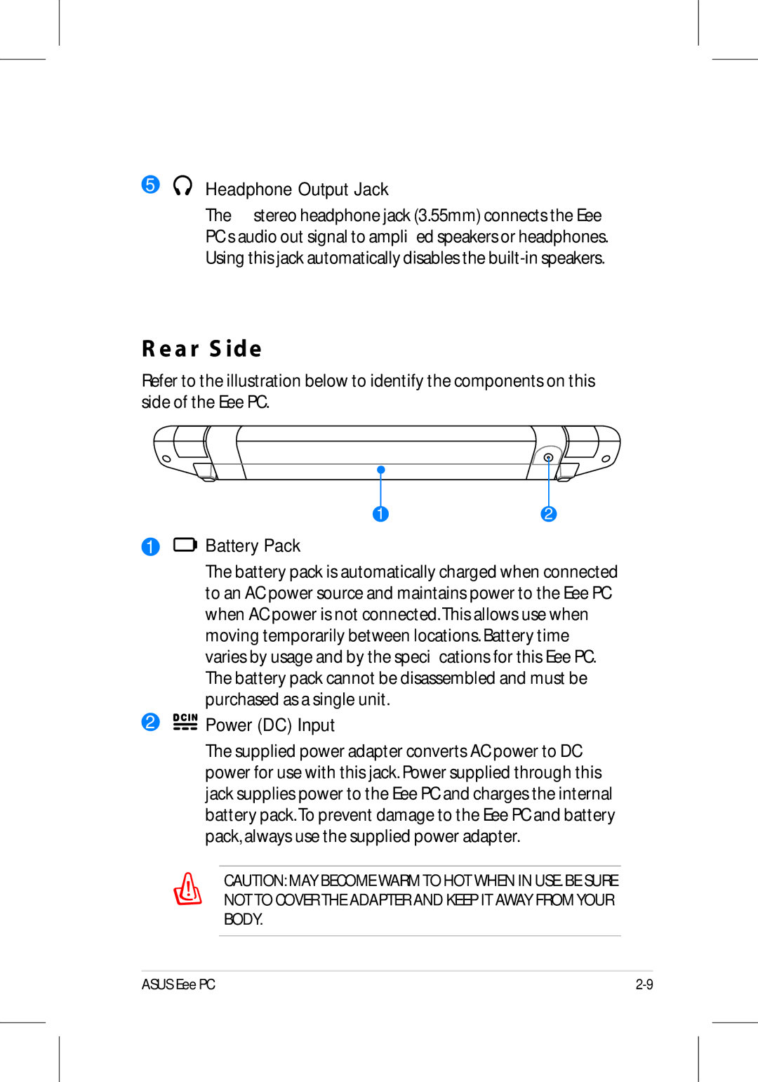 Asus 701SD manual Rear Side, Headphone Output Jack, Power DC Input 