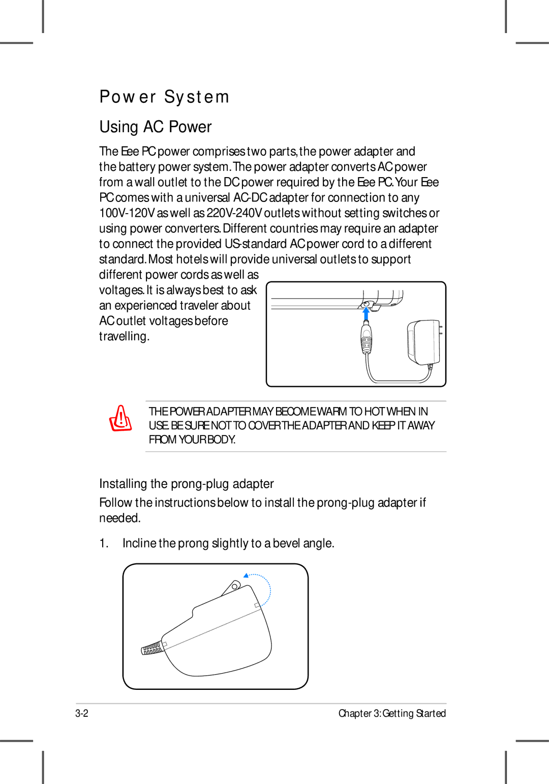 Asus 701SD manual Power System, Using AC Power, Installing the prong-plug adapter 