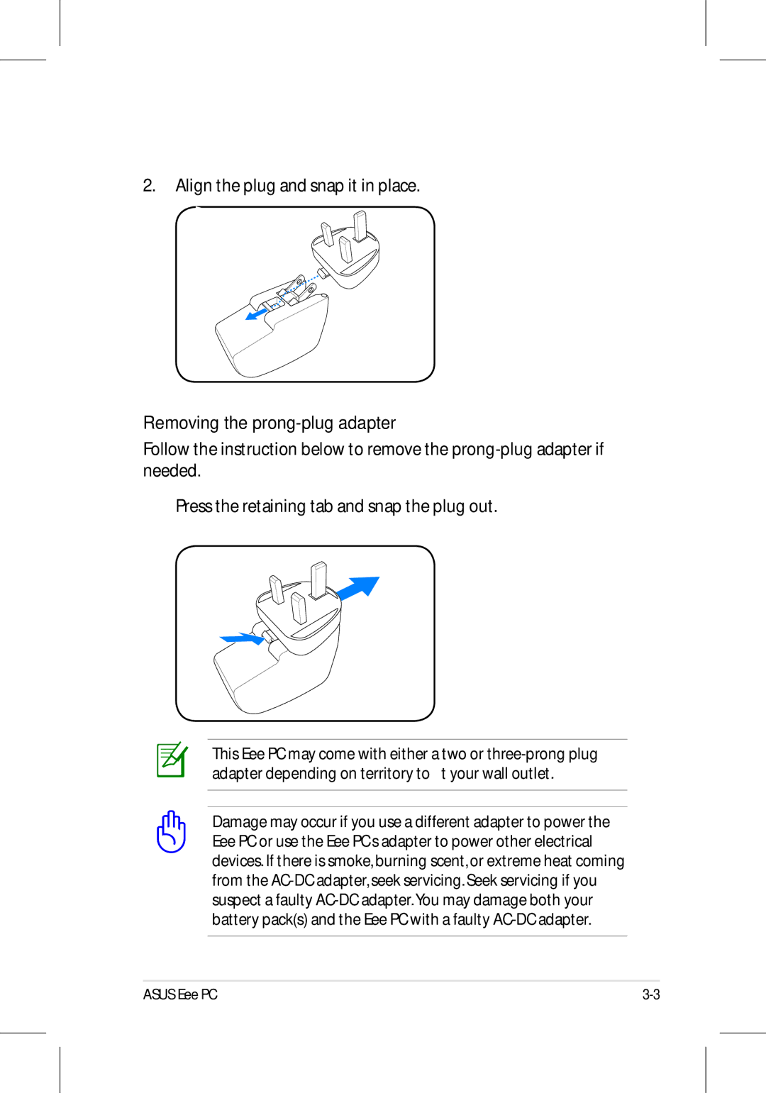 Asus 701SD manual Removing the prong-plug adapter 